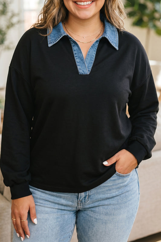 Black Solid V Neck Tunic Shift Long Sleeve Plus Size Blouse-Plus Size/Plus Size Tops/Plus Size Long Sleeve Tops-[Adult]-[Female]-Black-1X-2022 Online Blue Zone Planet