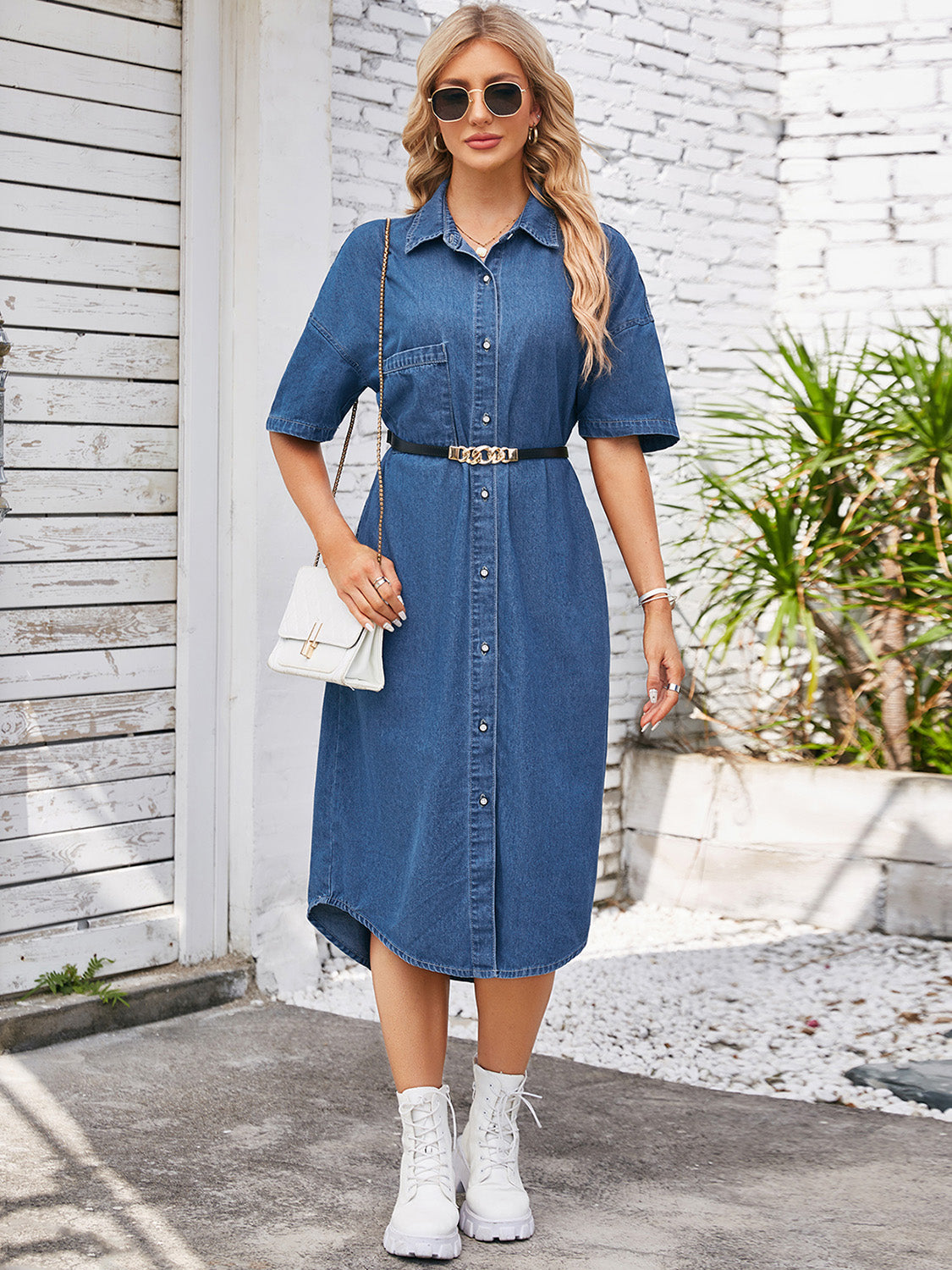 Button Down Half Sleeve Denim Dress-TOPS / DRESSES-[Adult]-[Female]-2022 Online Blue Zone Planet