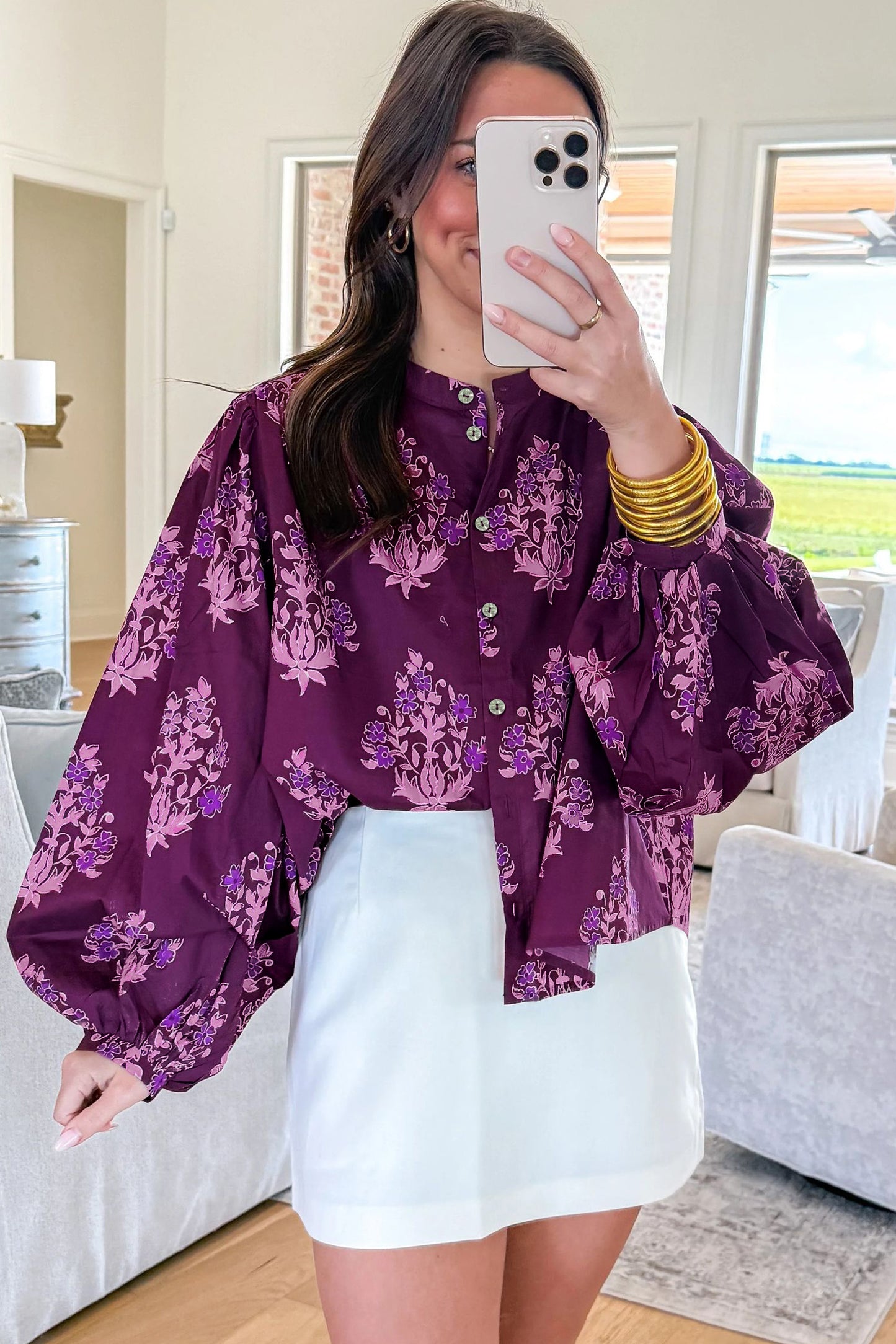 Purple Floral Print Button-Up Long Puff Sleeve Loose Shirt-Tops/Blouses & Shirts-[Adult]-[Female]-2022 Online Blue Zone Planet