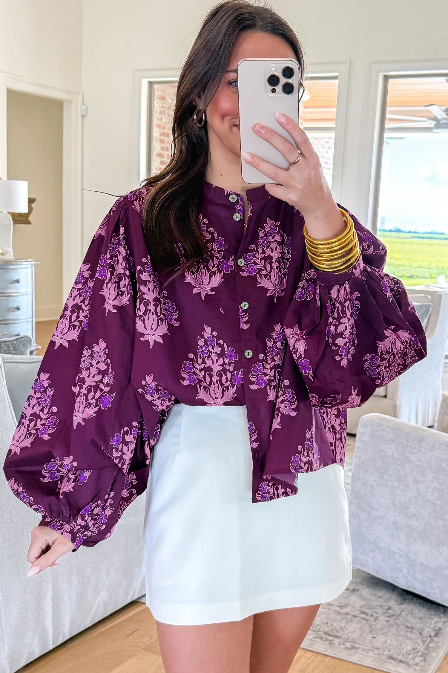 Purple Floral Print Button-Up Long Puff Sleeve Loose Shirt-Tops/Blouses & Shirts-[Adult]-[Female]-2022 Online Blue Zone Planet