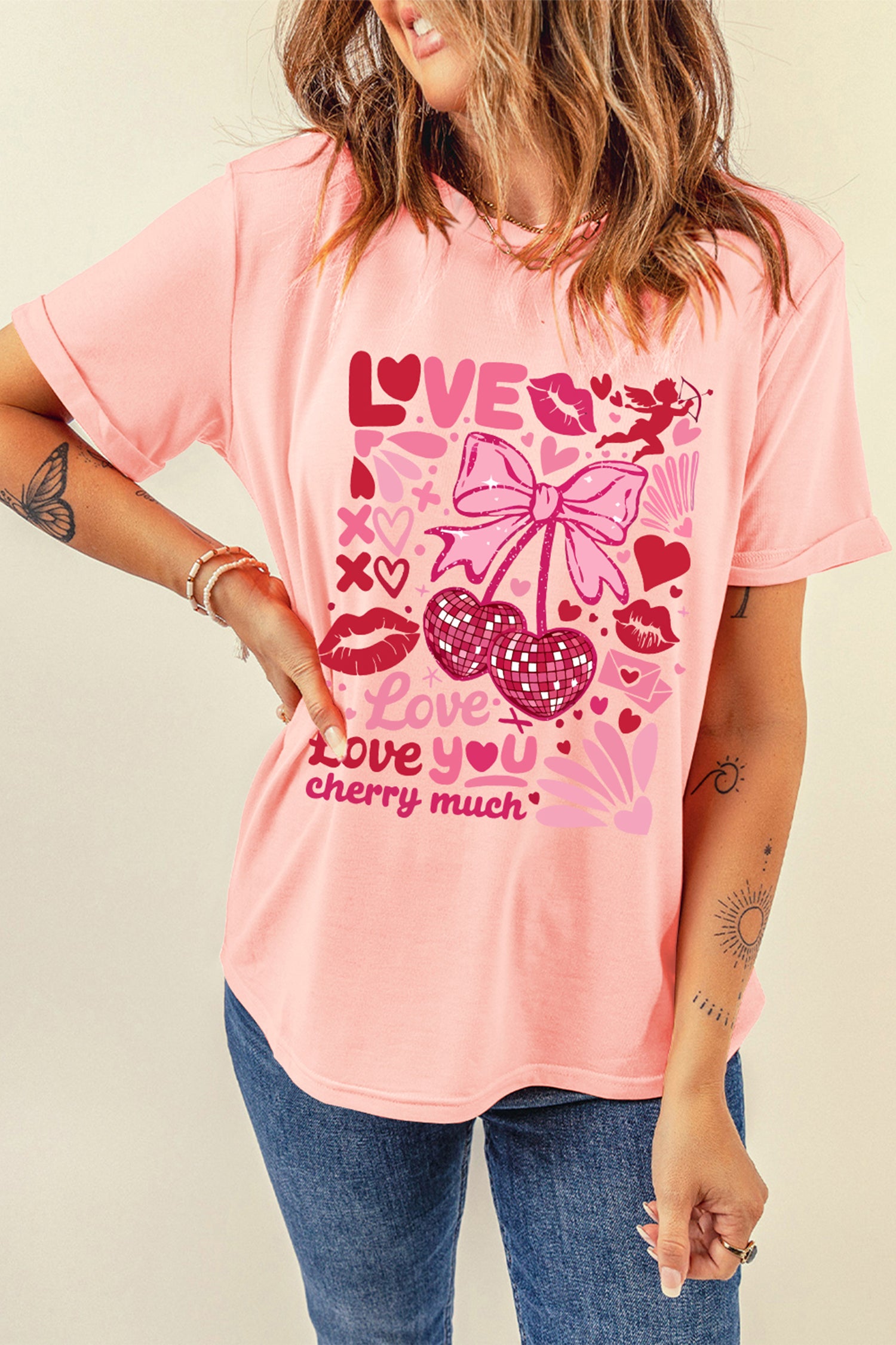 Pink Love You Cherry Much Valentines Day Graphic Tee-Graphic Tees-[Adult]-[Female]-2022 Online Blue Zone Planet