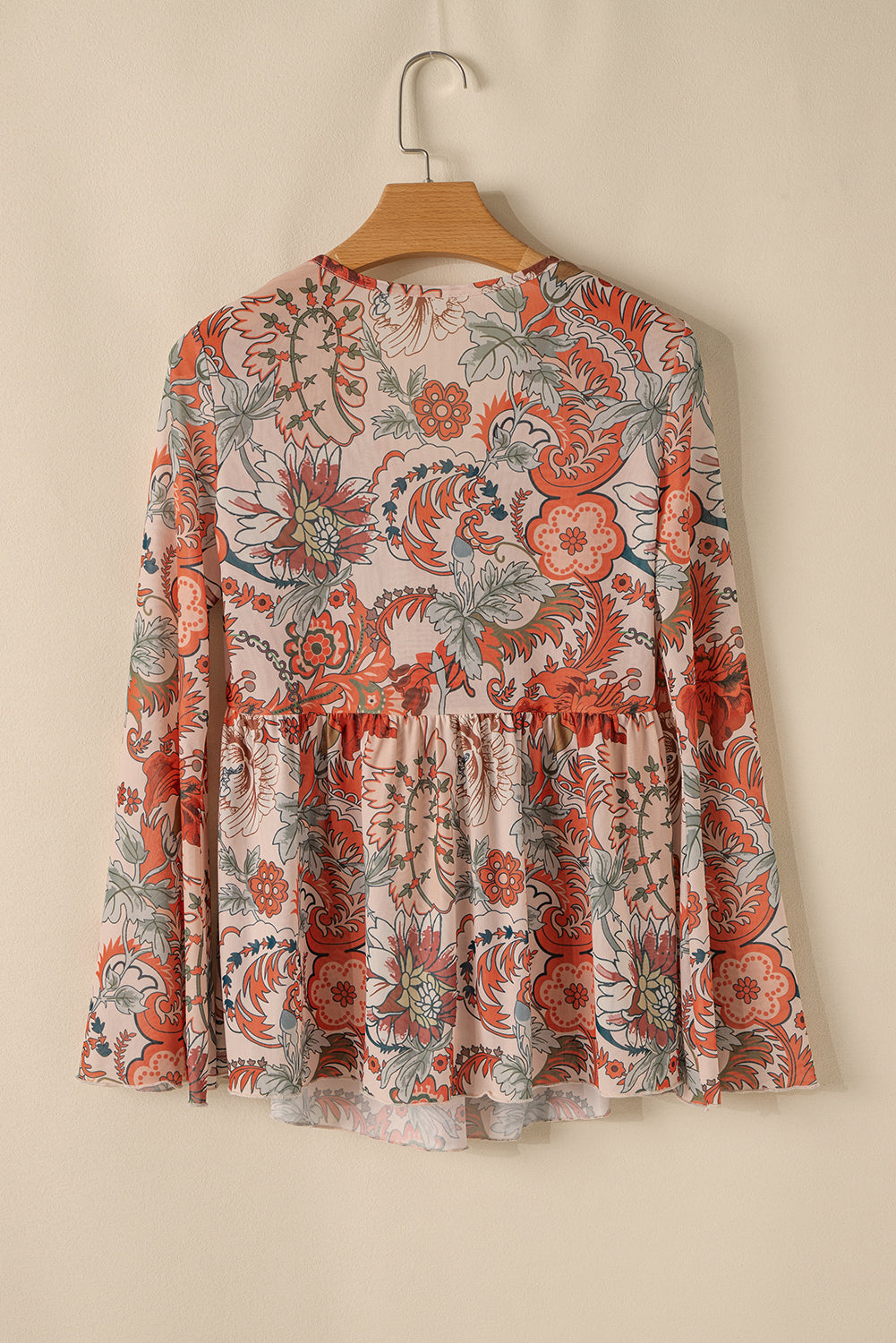 Orange Floral Bell Sleeve Pleated Blouse-Blouses-[Adult]-[Female]-2022 Online Blue Zone Planet