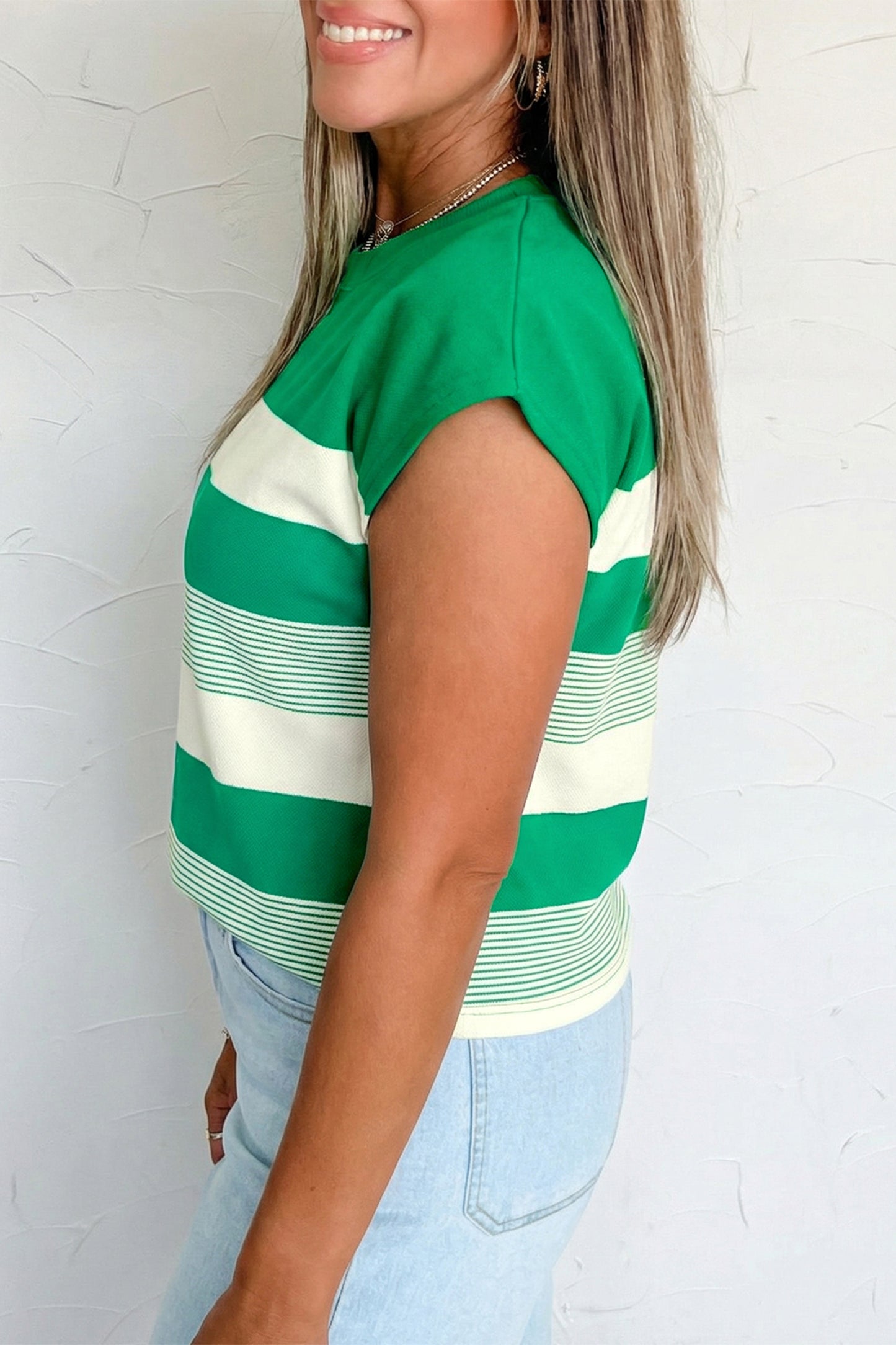 Green Stripe Mixed Print Crew Neck Cap Sleeve T Shirt-Tops/Tops & Tees-[Adult]-[Female]-2022 Online Blue Zone Planet