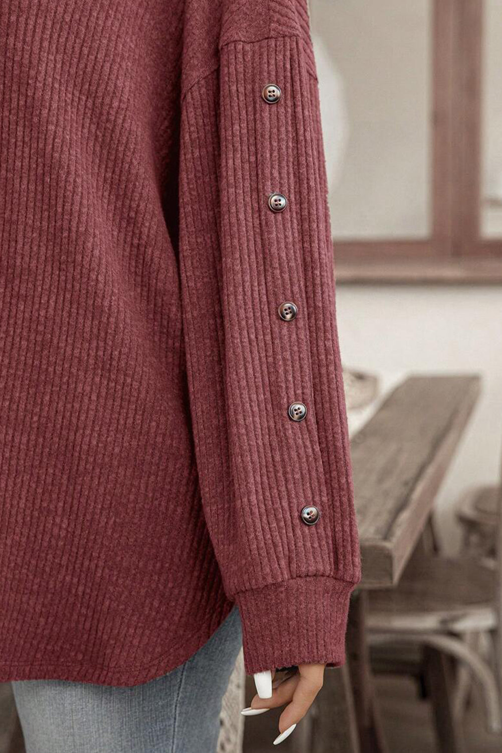 Wild Ginger Plus Size Ribbed Button Decor Long Sleeve Loose Top-Plus Size/Plus Size Tops/Plus Size Long Sleeve Tops-[Adult]-[Female]-2022 Online Blue Zone Planet