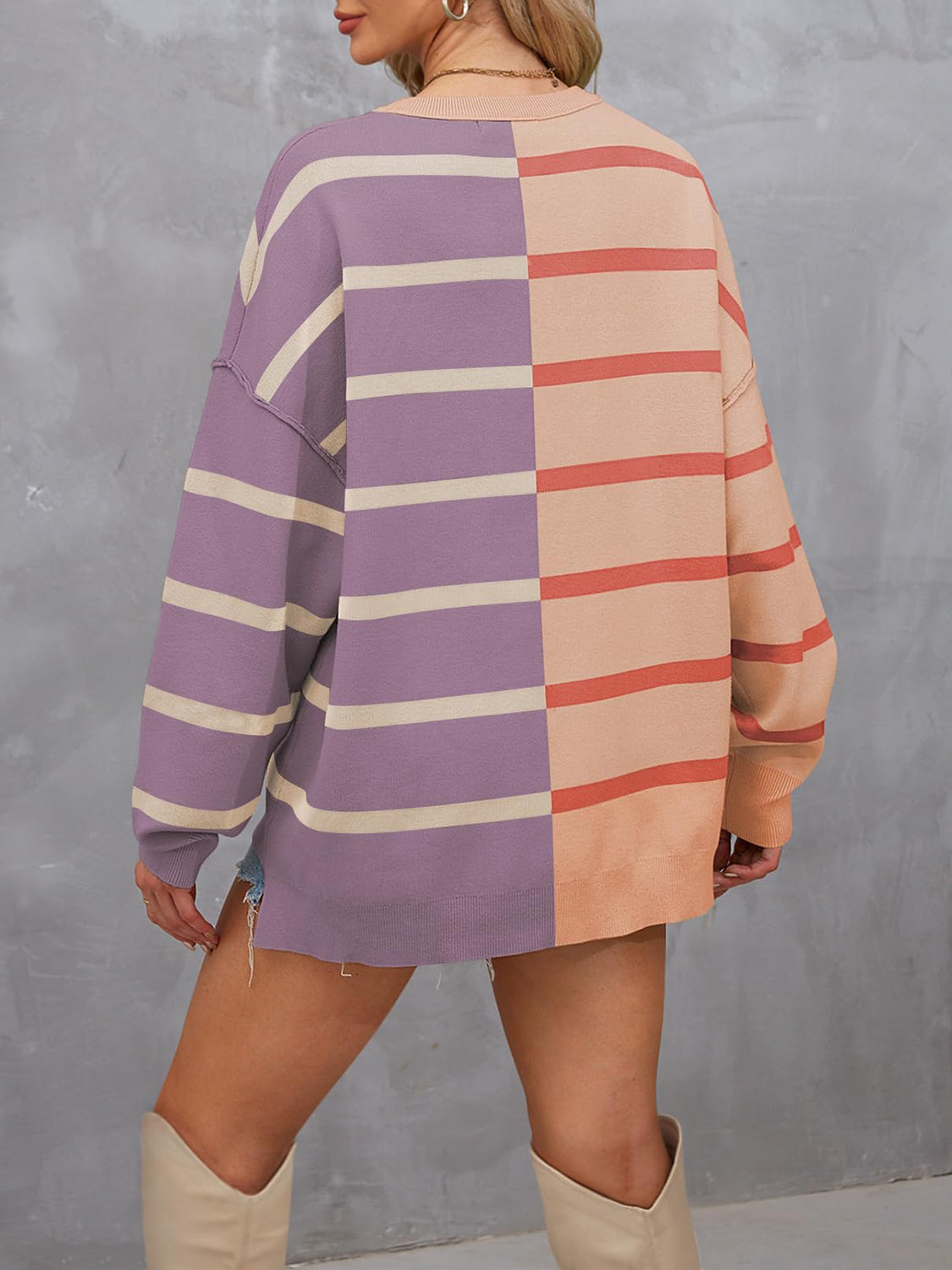 Striped Round Neck Long Sleeve Sweater-TOPS / DRESSES-[Adult]-[Female]-Dusty Pink-S-2022 Online Blue Zone Planet