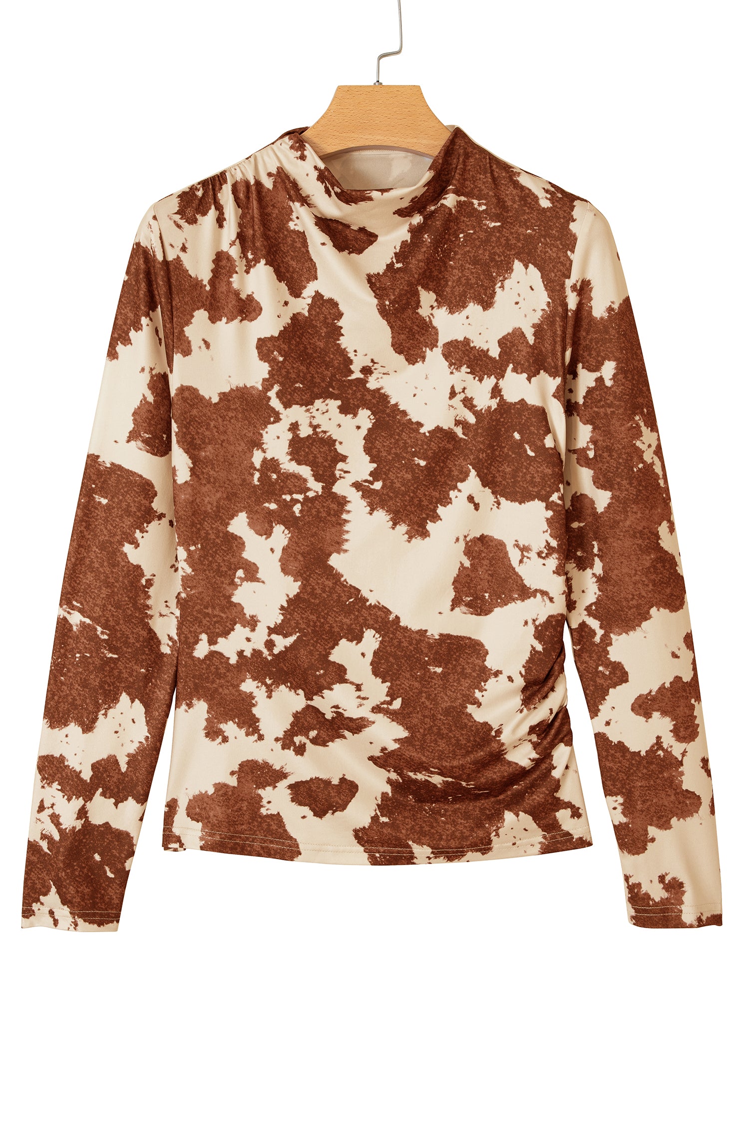 Brown Western Cow Spots Printed High Neck Sheath Long Sleeve Top-Tops/Long Sleeve Tops-[Adult]-[Female]-2022 Online Blue Zone Planet