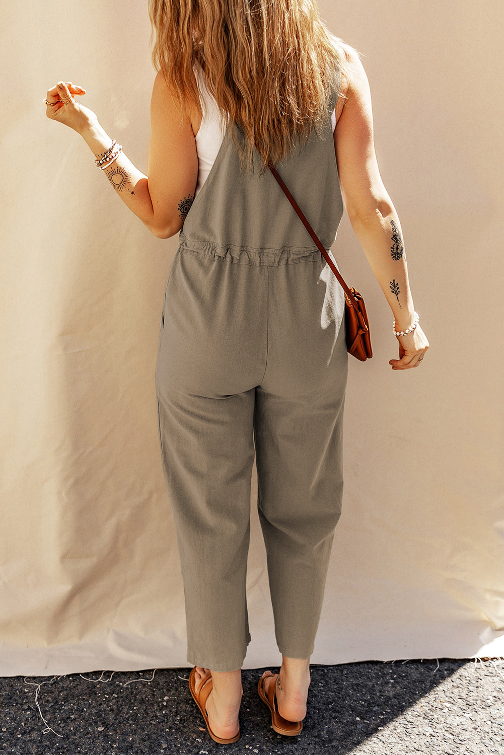 Sage Green Drawstring Buttoned Straps Cropped Overall Blue Zone Planet