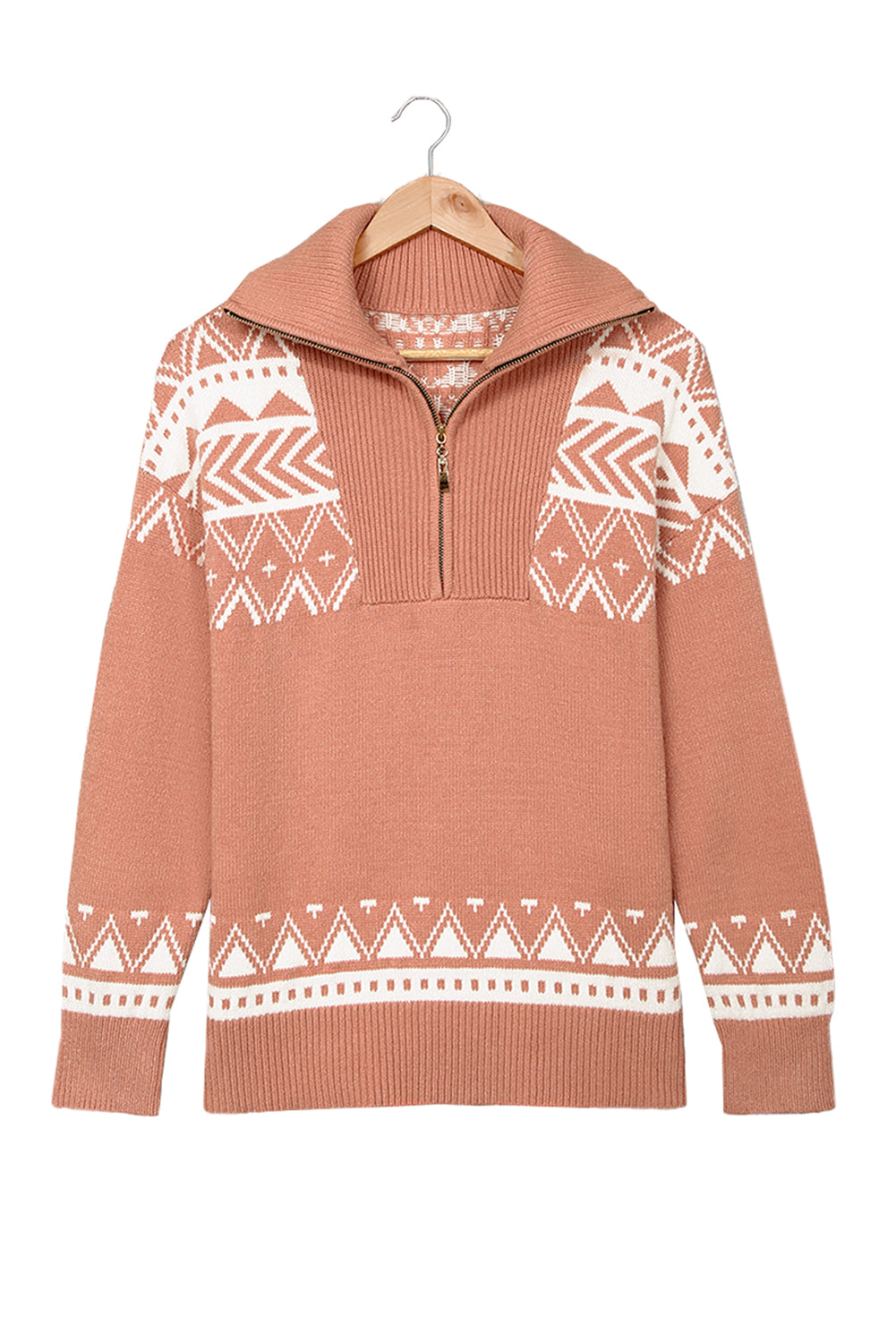 White Geometry Knit Quarter Zip Sweater-Tops/Sweaters & Cardigans-[Adult]-[Female]-2022 Online Blue Zone Planet