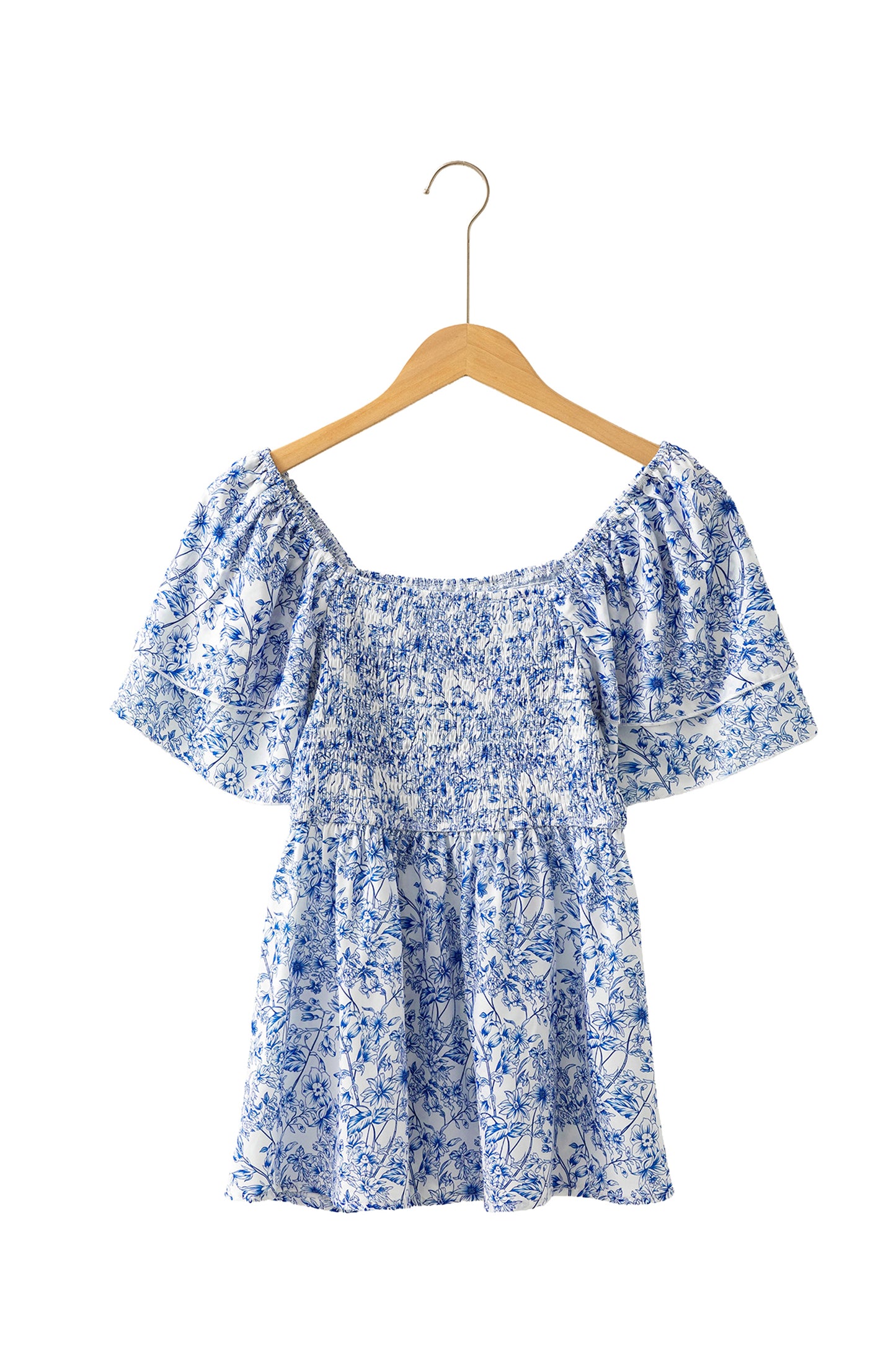 Sky Blue Floral Print Square Neck Ruffled Sleeve Shirred Babydoll Blouse-Tops/Blouses & Shirts-[Adult]-[Female]-2022 Online Blue Zone Planet