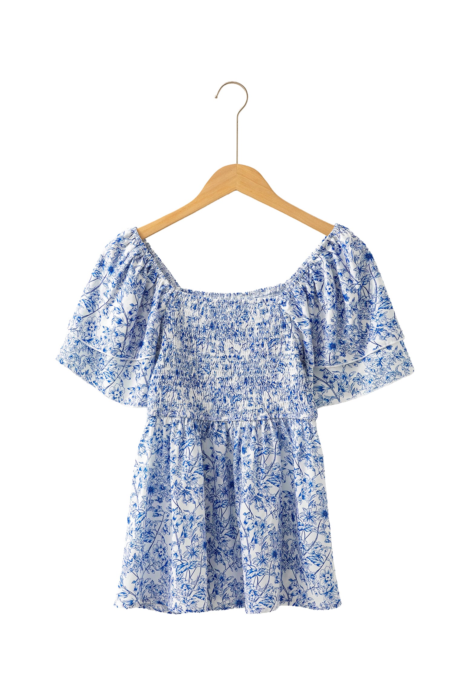 Sky Blue Floral Print Square Neck Ruffled Sleeve Shirred Babydoll Blouse-Tops/Blouses & Shirts-[Adult]-[Female]-2022 Online Blue Zone Planet