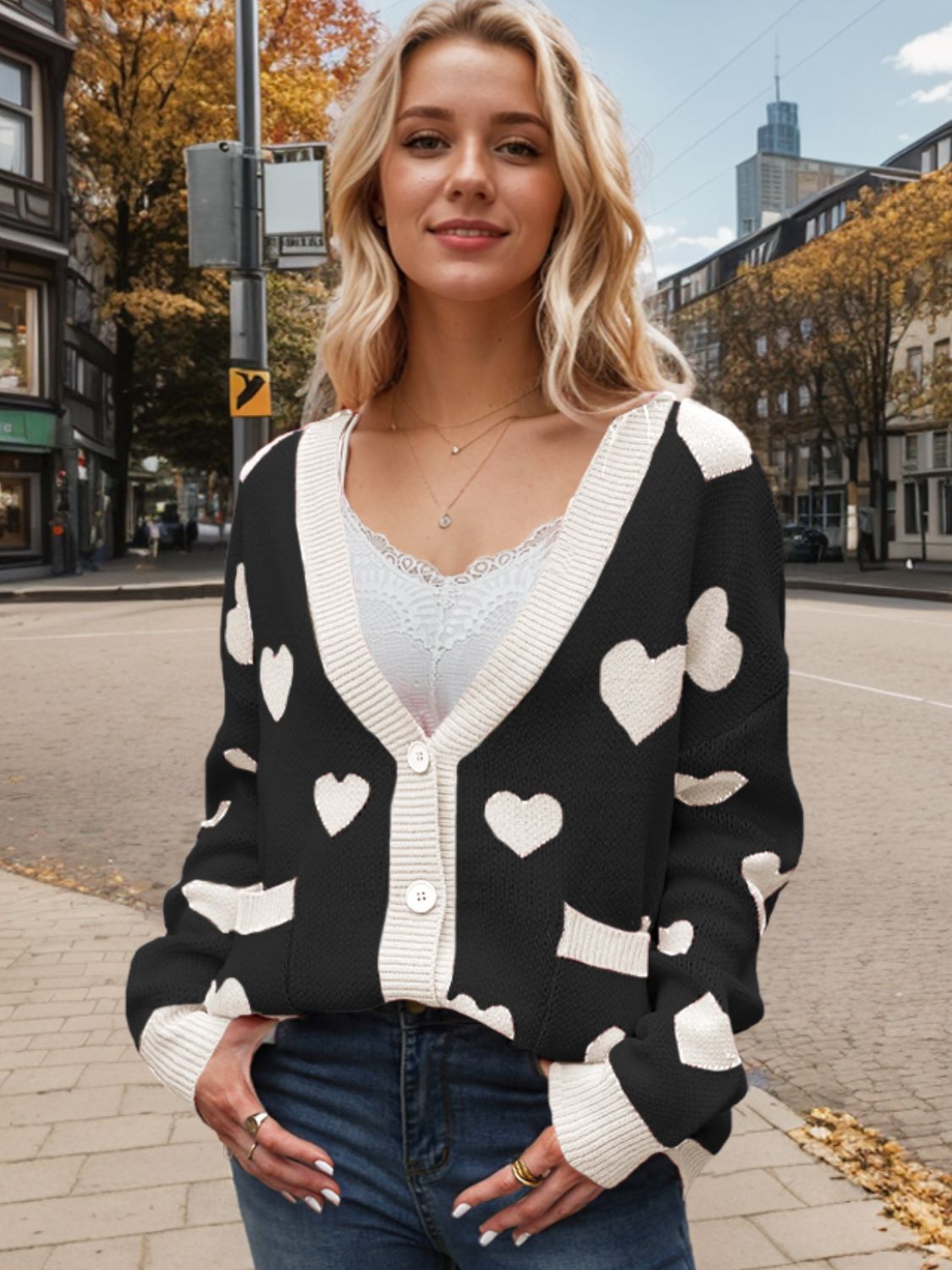 Heart Button Up Dropped Shoulder Long Sleeve Cardigan-TOPS / DRESSES-[Adult]-[Female]-Black-S-2022 Online Blue Zone Planet