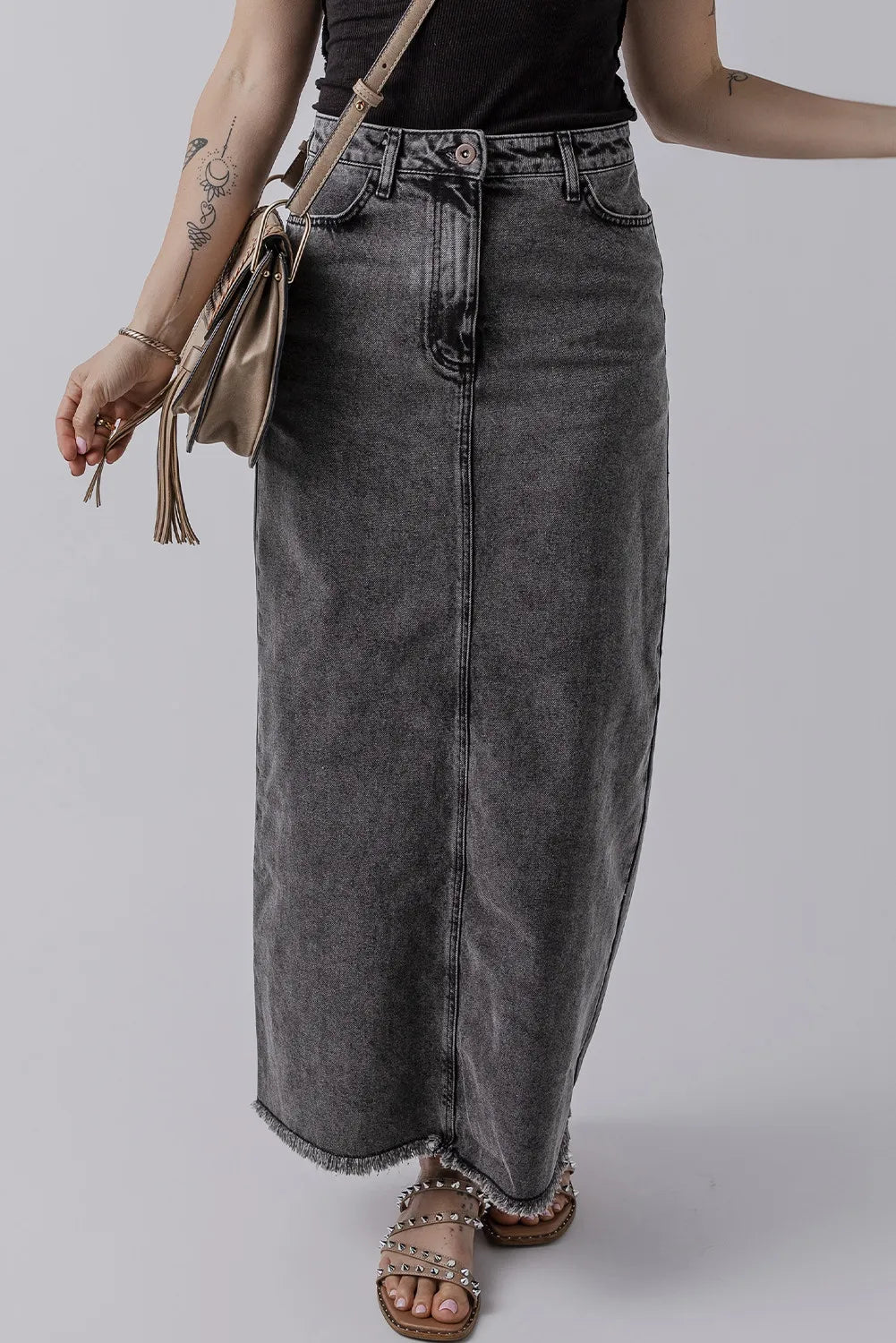 Raw Hem Midi Denim Skirt with Pockets-BOTTOMS SIZES SMALL MEDIUM LARGE-[Adult]-[Female]-2022 Online Blue Zone Planet