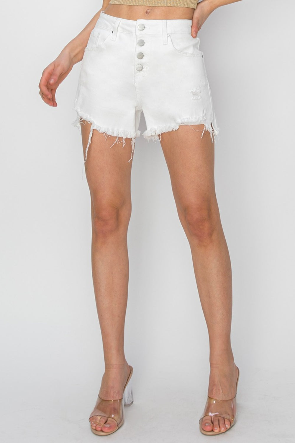 RISEN Button Fly Frayed Hem Denim Shorts-BOTTOM SIZES SMALL MEDIUM LARGE-[Adult]-[Female]-2022 Online Blue Zone Planet