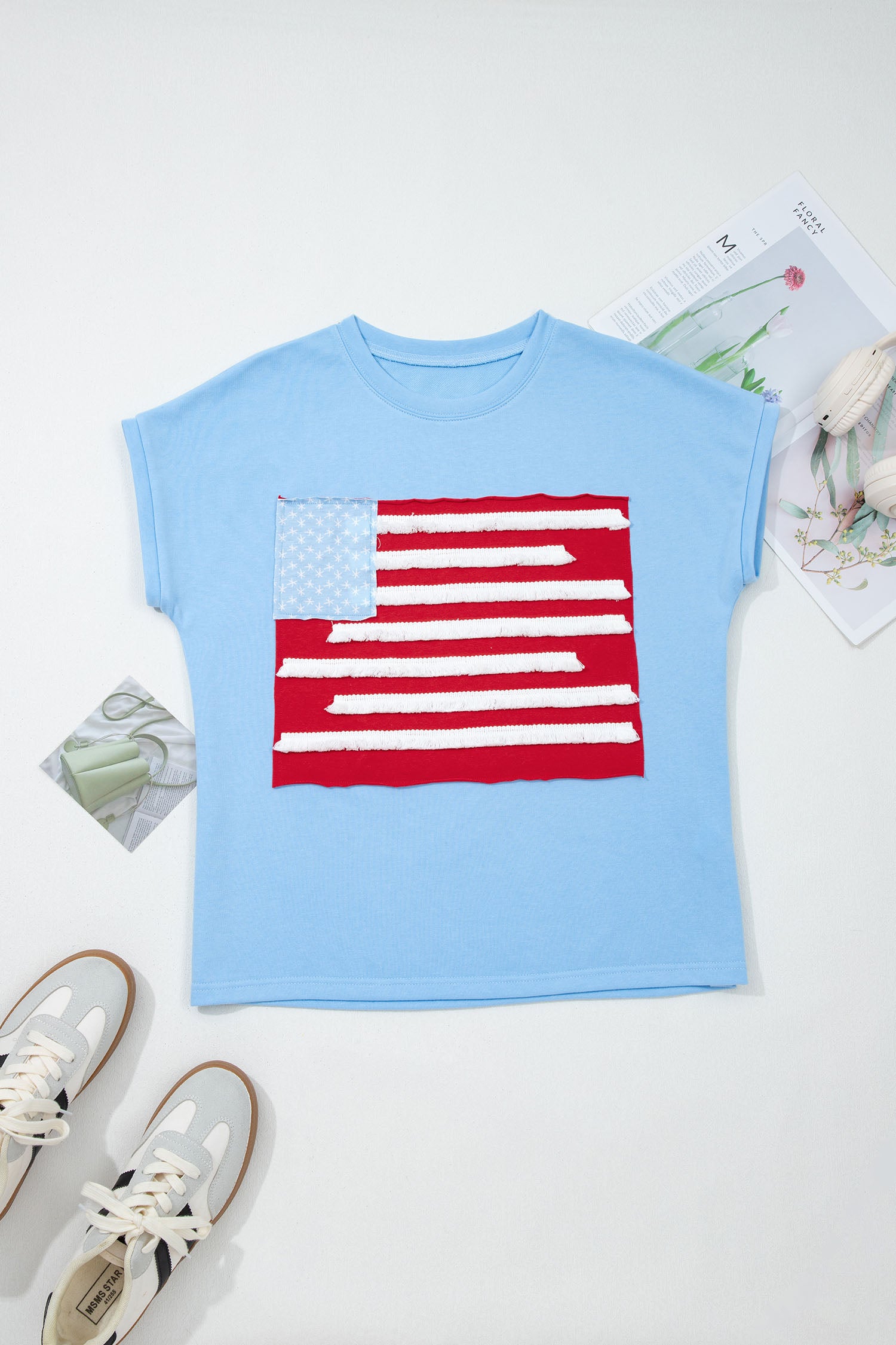 Mist Blue USA Flag Textured Patchwork Cap Sleeve Tee-Tops/Tops & Tees-[Adult]-[Female]-2022 Online Blue Zone Planet