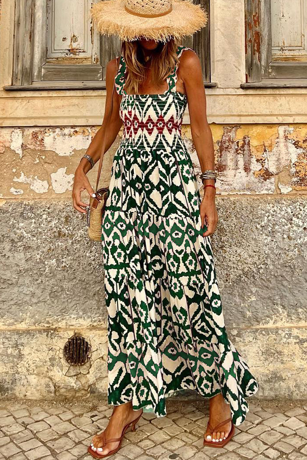 Green Boho Shirred A line Sleeveless Maxi Dress-Maxi Dresses-[Adult]-[Female]-2022 Online Blue Zone Planet
