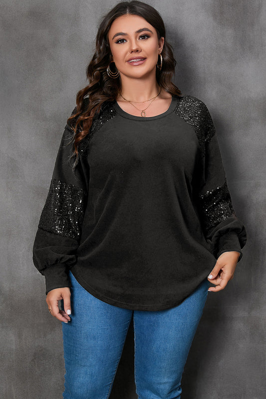 Black Plus Size Sequin Patchwork Crew Neck Long Sleeve Top-Plus Size/Plus Size Tops/Plus Size Long Sleeve Tops-[Adult]-[Female]-Black-1X-2022 Online Blue Zone Planet