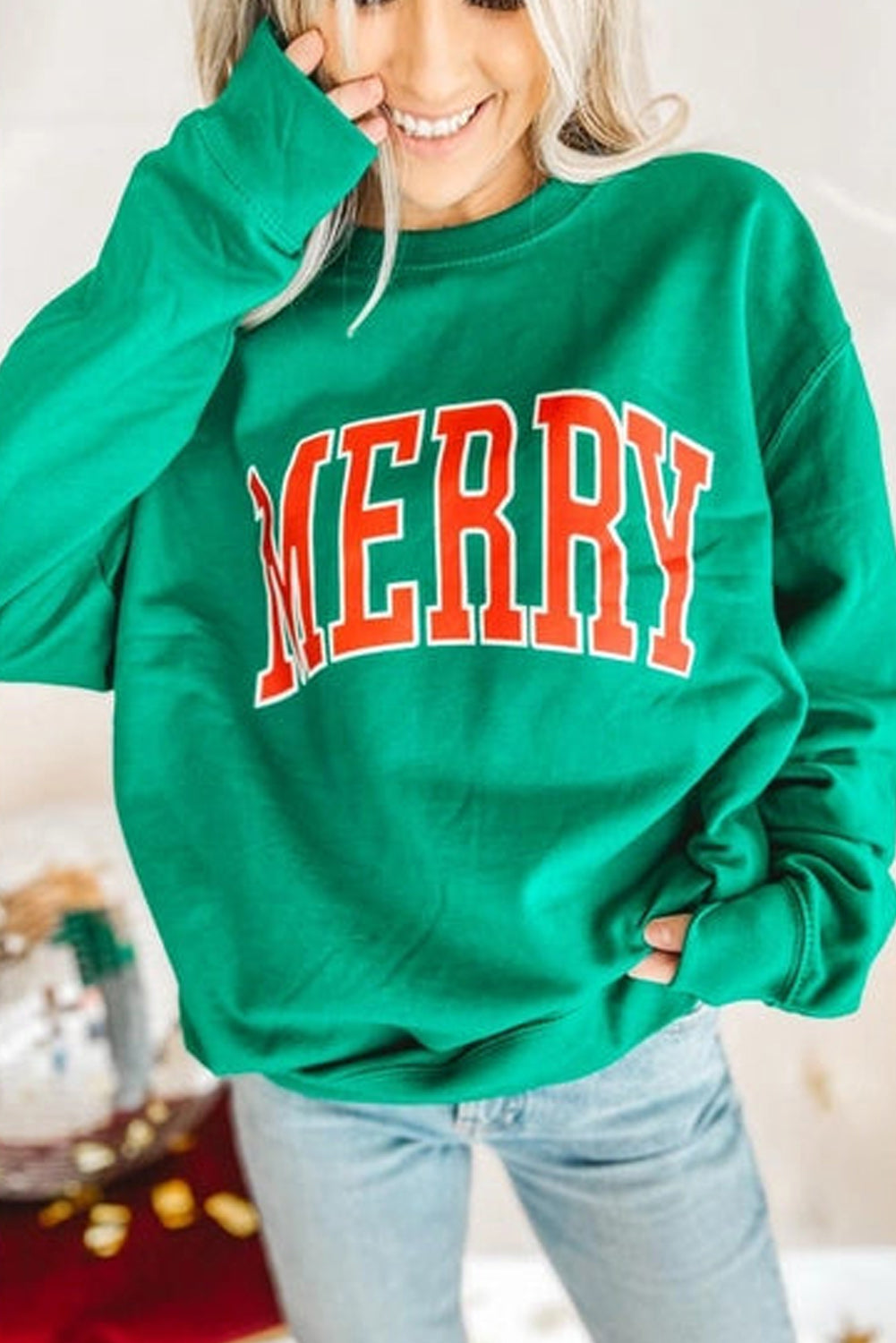 Bright Green MERRY Graphic Pullover Sweatshirt-Tops/Sweatshirts & Hoodies-[Adult]-[Female]-Bright Green-S-2022 Online Blue Zone Planet