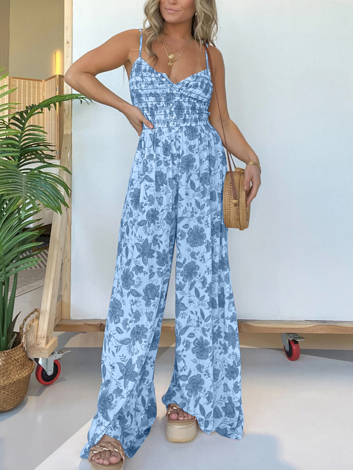 Full Size Printed Spaghetti Strap Wide Leg Jumpsuit-TOPS / DRESSES-[Adult]-[Female]-Blue-S-2022 Online Blue Zone Planet