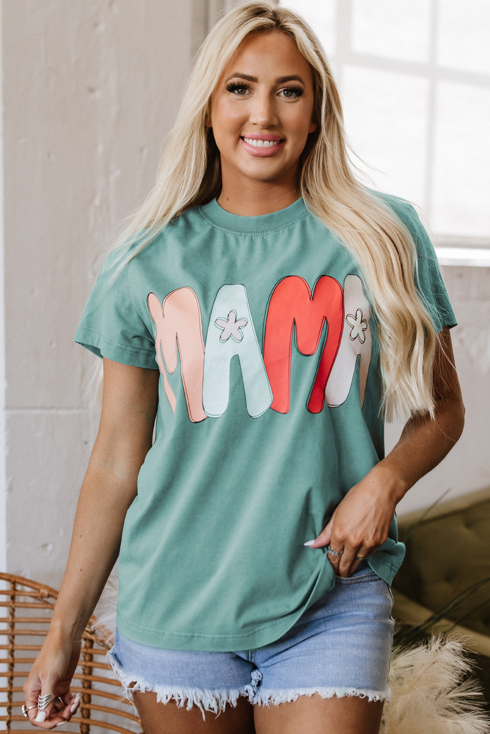 Sea Green Mama Printed Mineral Wash Crewneck T Shirt-Tops/Tops & Tees-[Adult]-[Female]-2022 Online Blue Zone Planet