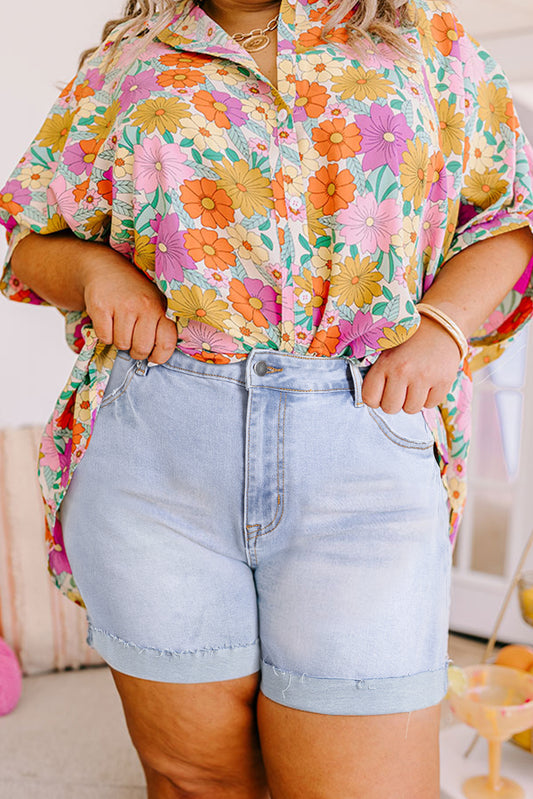 Beau Blue Folded Edge High Waist Plus Size Denim Shorts-Plus Size/Plus Size Bottoms-[Adult]-[Female]-Beau Blue-1X-2022 Online Blue Zone Planet