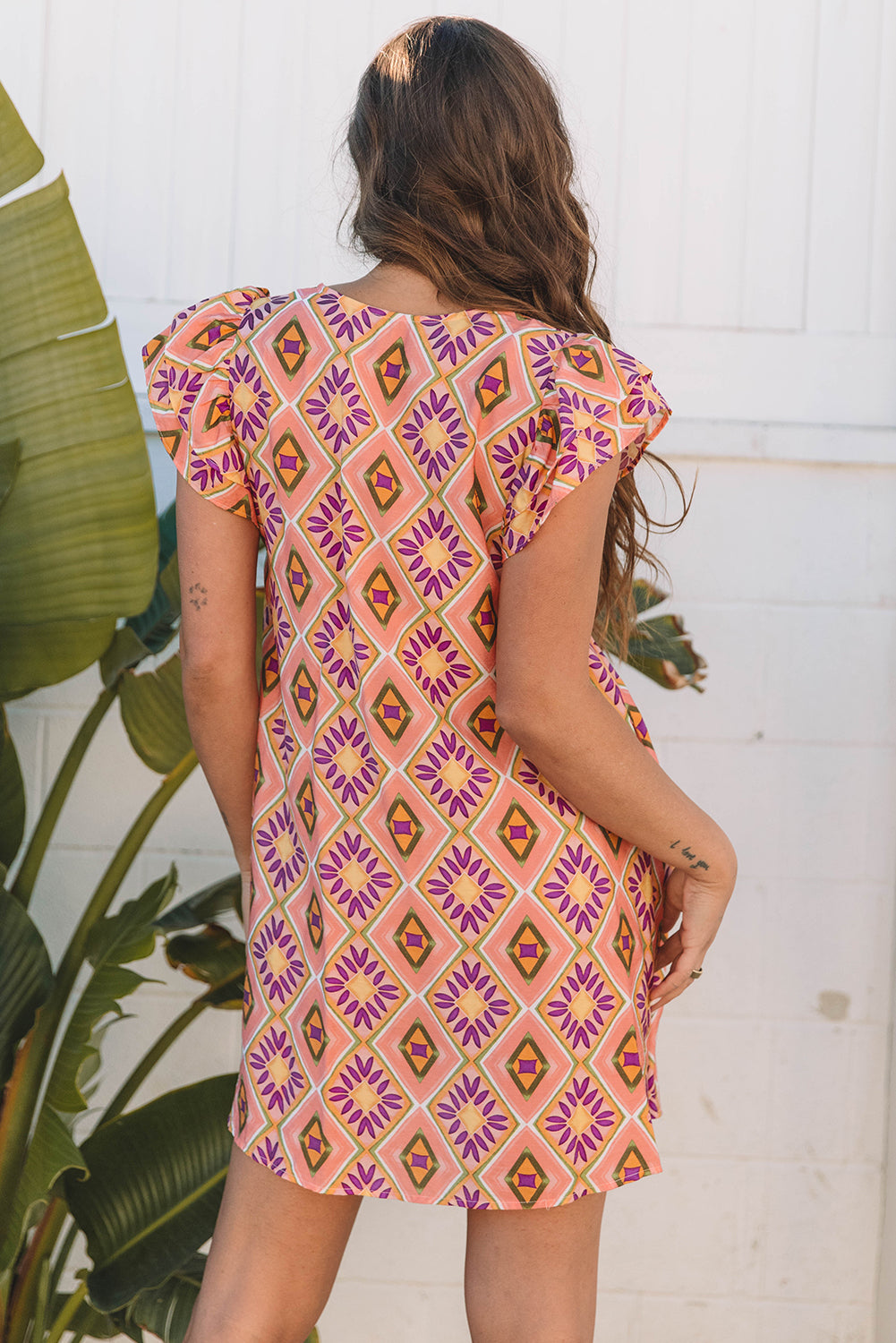 Orange Geometric Floral V Neck Buttoned Ruffled Sleeve Mini Dress-Dresses/Mini Dresses-[Adult]-[Female]-2022 Online Blue Zone Planet