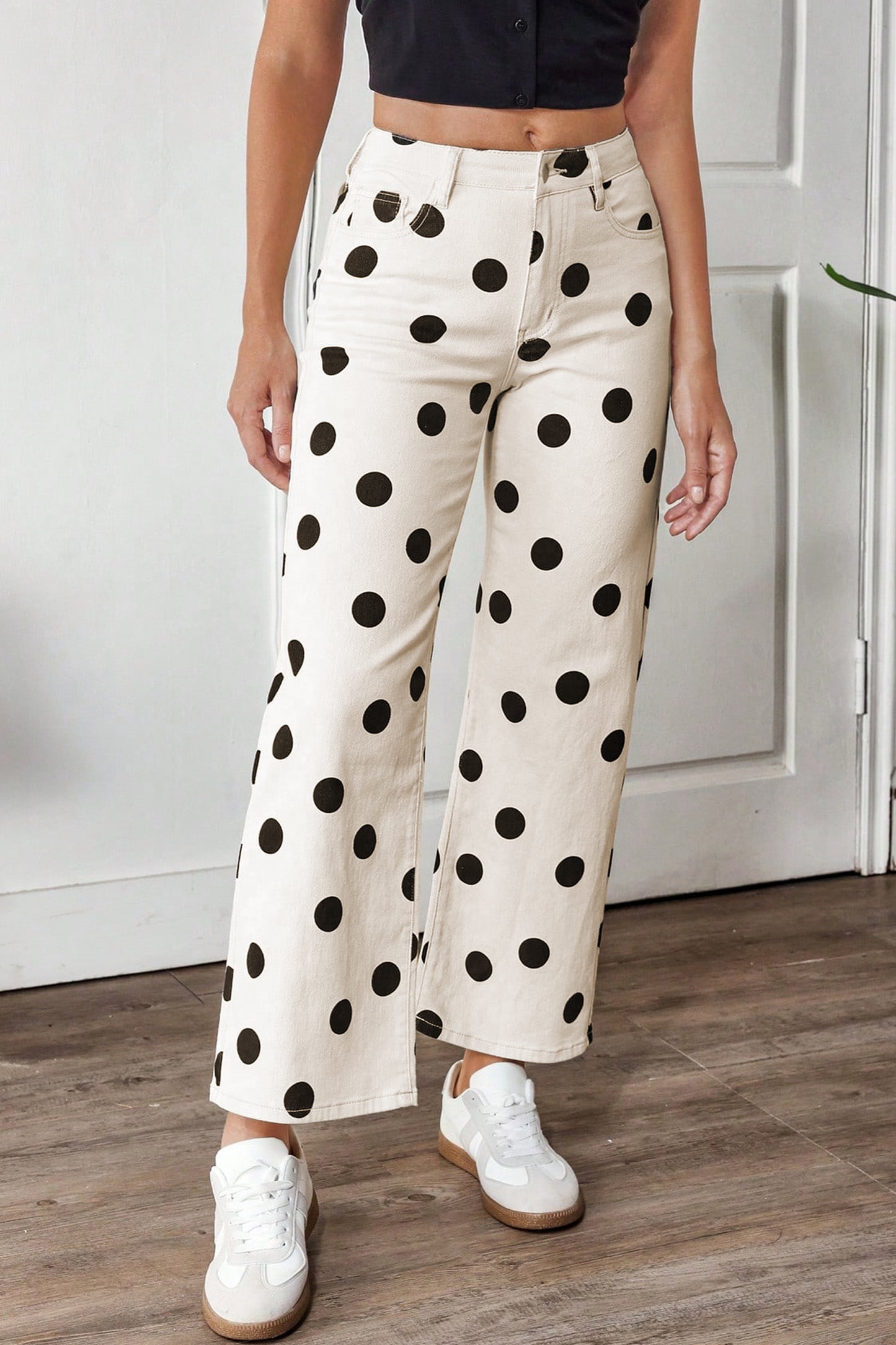 White Polka Dot Print Wide Leg Ankle-Length Jeans-Bottoms/Jeans-[Adult]-[Female]-2022 Online Blue Zone Planet