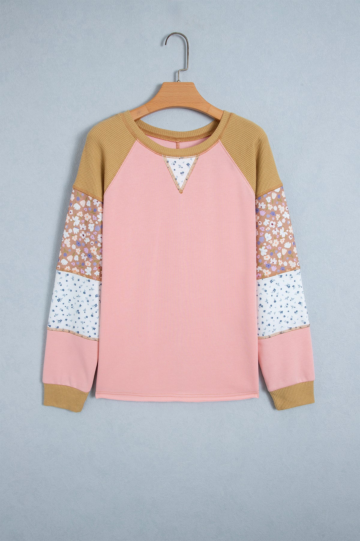 Apricot Pink Color Block Floral Waffle Mixed Patchwork Long Sleeve Top-Tops/Long Sleeve Tops-[Adult]-[Female]-2022 Online Blue Zone Planet