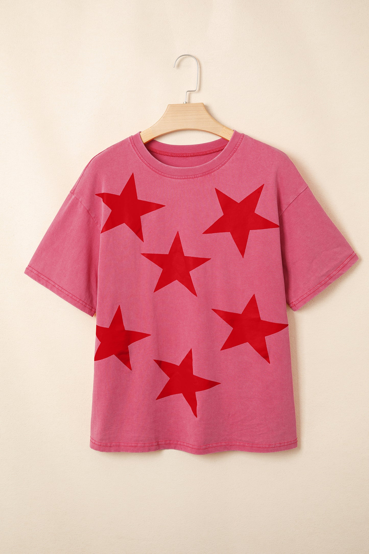 Red Independence Day Star Printed Mineral Wash T Shirt-Tops/Tops & Tees-[Adult]-[Female]-2022 Online Blue Zone Planet