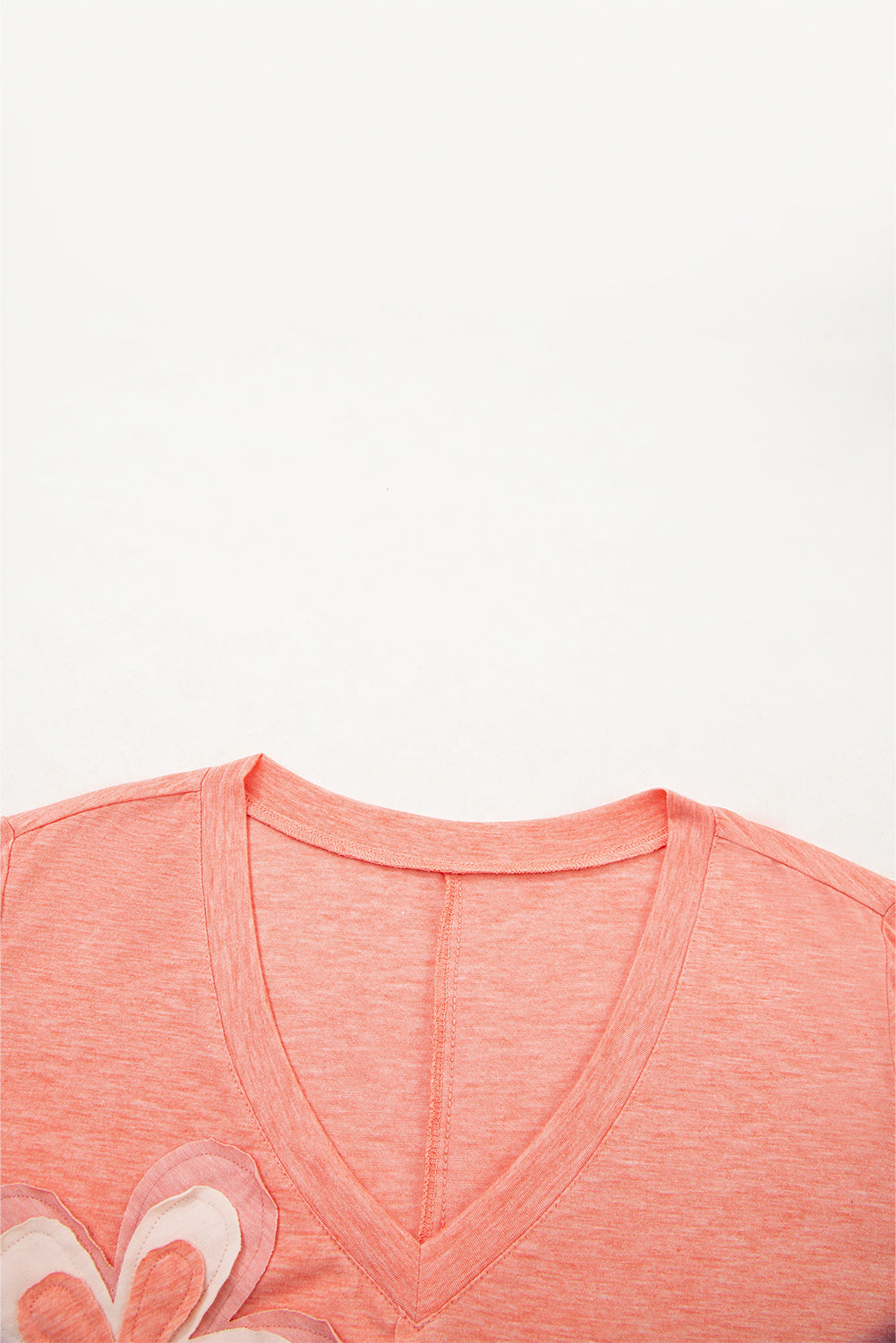 Fresh Salmon Floral Patchwork V Neck Long Sleeve T Shirt-Tops/Long Sleeve Tops-[Adult]-[Female]-2022 Online Blue Zone Planet
