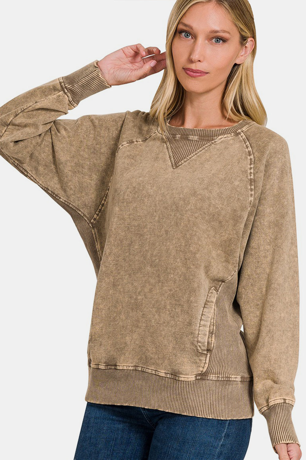 Blue Zone Planet | Zenana Pocketed Round Neck Sweatshirt-TOPS / DRESSES-[Adult]-[Female]-MOCHA-S-2022 Online Blue Zone Planet