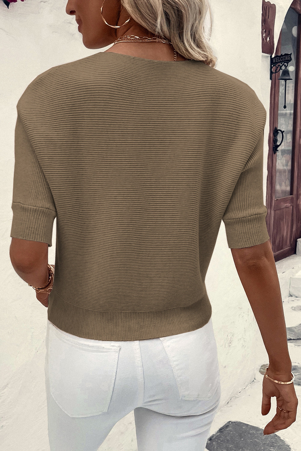 Coffee Round Neck Half Sleeve Ribbed Knit Top-Sale (50% OFF)/20% OFF-[Adult]-[Female]-2022 Online Blue Zone Planet