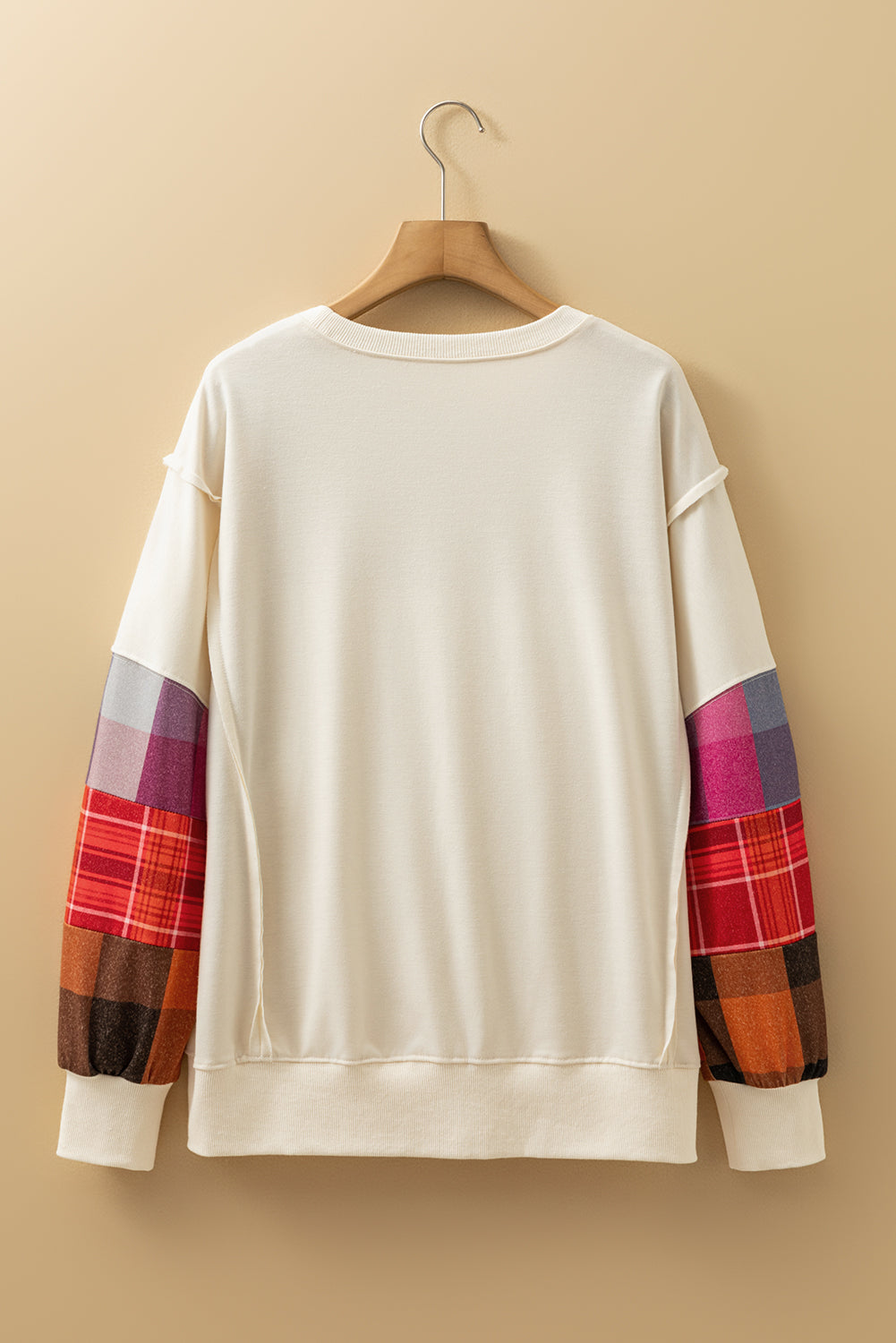Beige Contrast Plaid Long Sleeve Exposed Seam Patchwork Top-Tops/Long Sleeve Tops-[Adult]-[Female]-2022 Online Blue Zone Planet