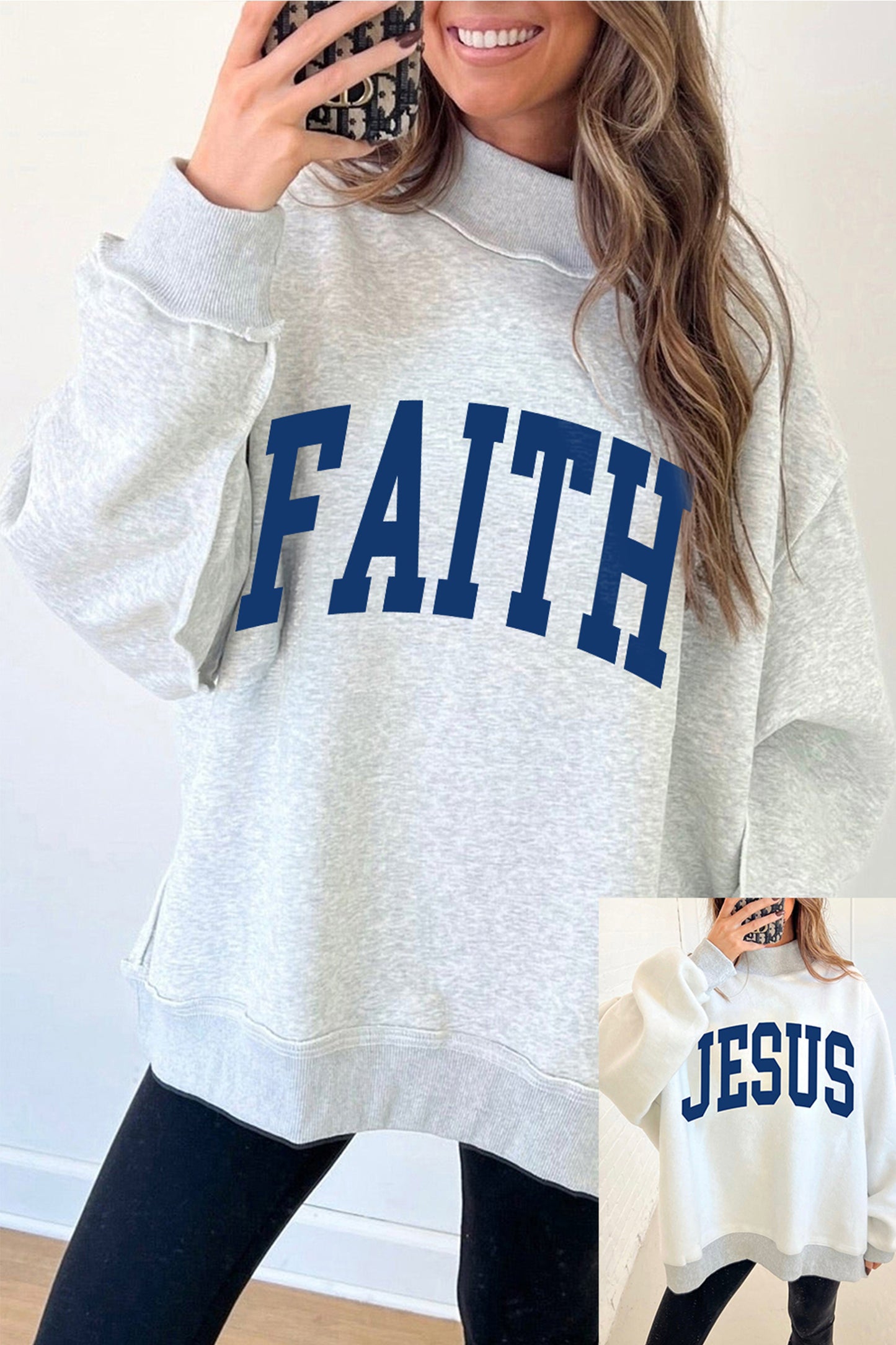 Light Grey FAITH/ JESUS Double Side Letter Print Casual High Neck Sweatshirt-Graphic/Graphic Sweatshirts-[Adult]-[Female]-Light Grey-S-2022 Online Blue Zone Planet
