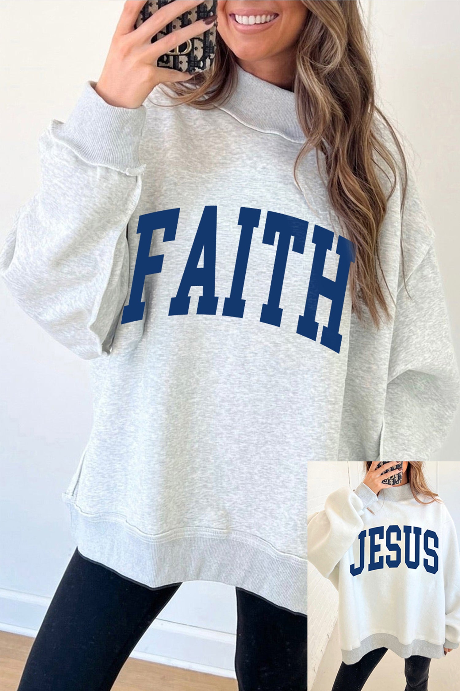 Light Grey FAITH/ JESUS Double Side Letter Print Casual High Neck Sweatshirt-Graphic/Graphic Sweatshirts-[Adult]-[Female]-Light Grey-S-2022 Online Blue Zone Planet