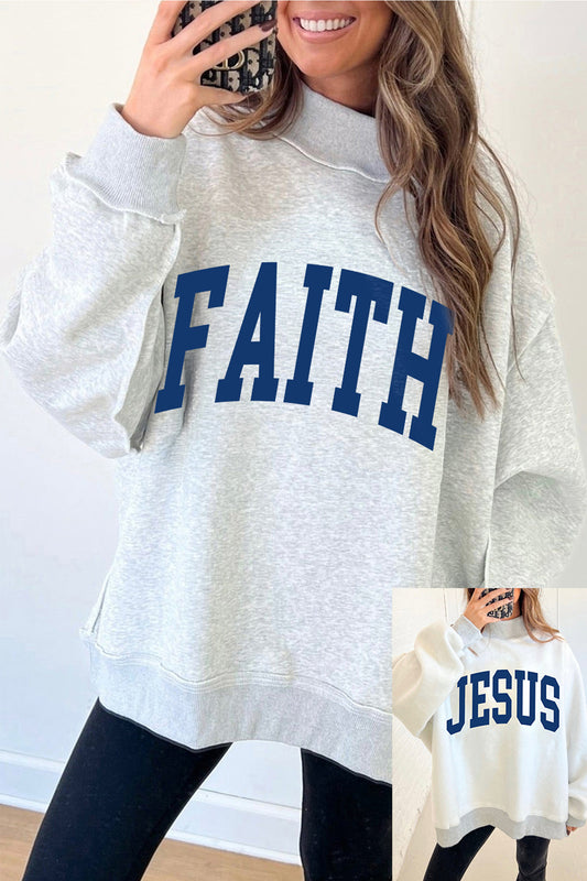 Light Grey FAITH/ JESUS Double Side Letter Print Casual High Neck Sweatshirt-Graphic/Graphic Sweatshirts-[Adult]-[Female]-Light Grey-S-2022 Online Blue Zone Planet