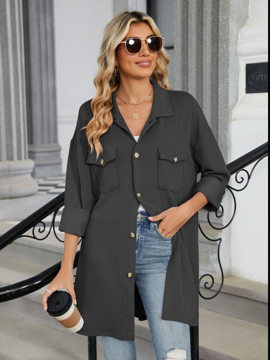 Double Take Textured Pocketed Collared Neck Long Sleeve Shirt-TOPS / DRESSES-[Adult]-[Female]-2022 Online Blue Zone Planet