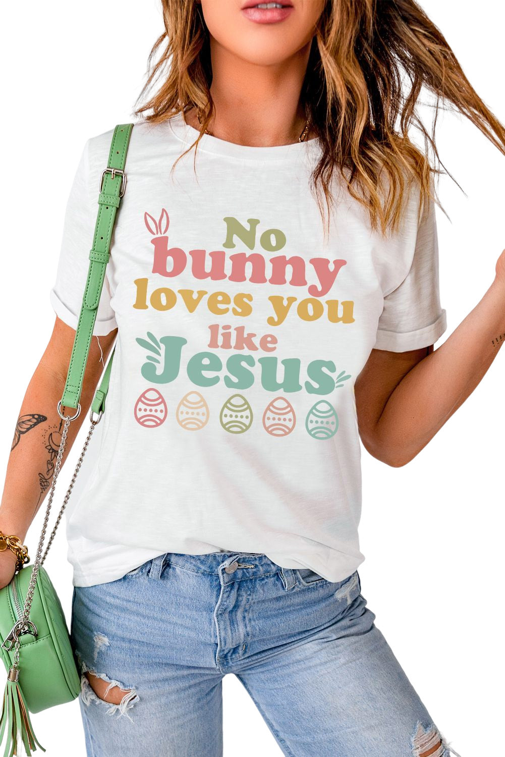 White No bunny loves you like Jesus Graphic Easter Day T-shirt-Graphic/Graphic Tees-[Adult]-[Female]-2022 Online Blue Zone Planet