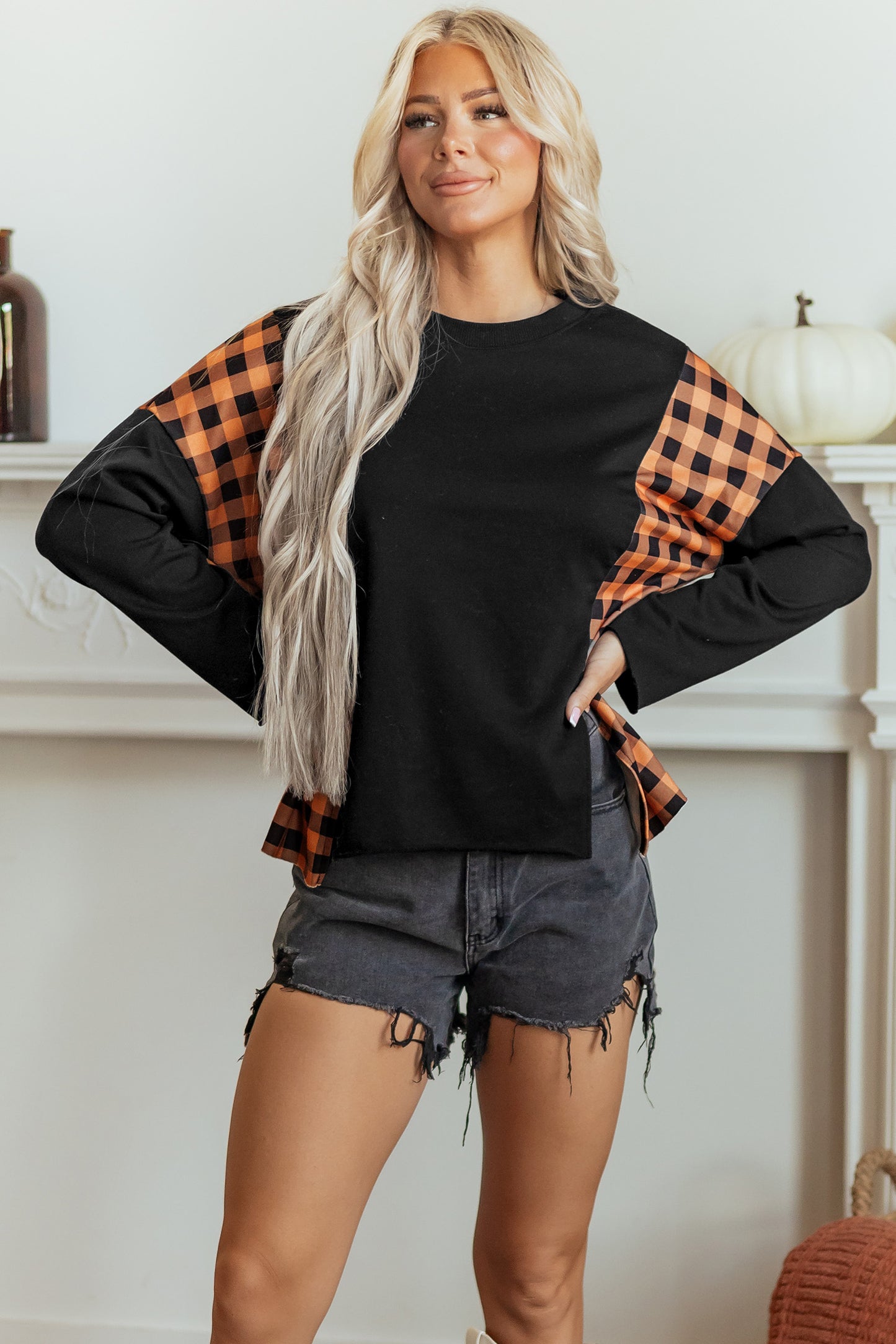 Black Patchwork Plaid Pumpkin Face Long Sleeve Top-Tops/Long Sleeve Tops-[Adult]-[Female]-2022 Online Blue Zone Planet