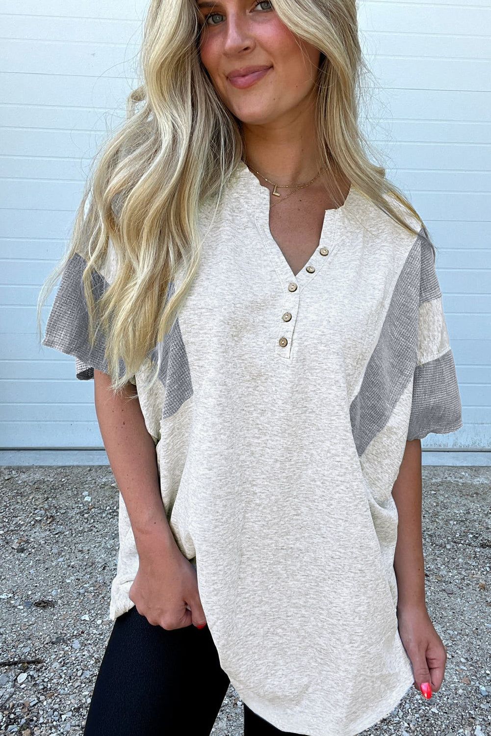 Light Grey Two Tone Contrast Waffle Knit Patched Buttoned V Neck Top