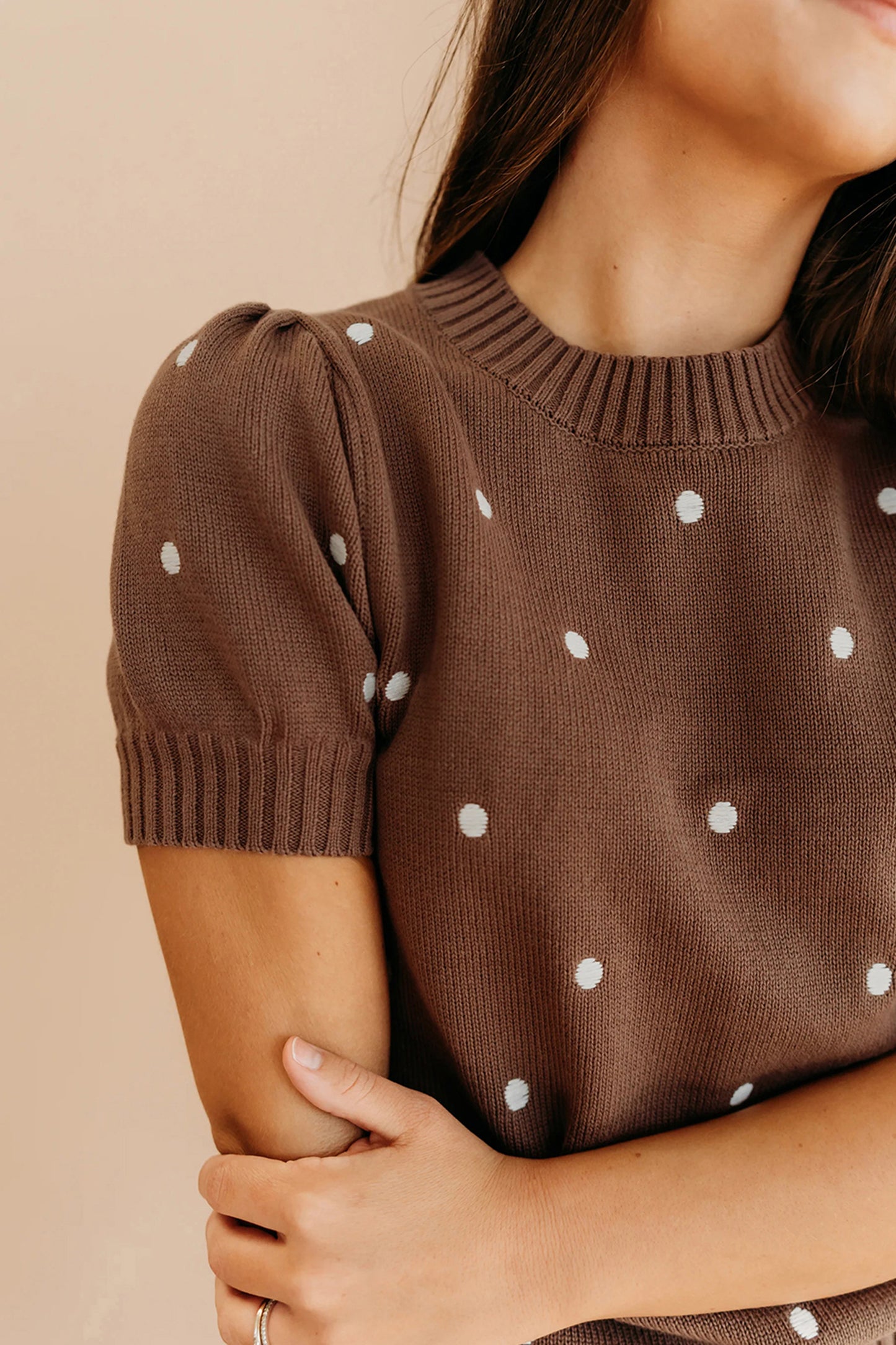 Chestnut Elegant Polka Dot Bubble Short Sleeve Sweater-Sweaters & Cardigans/Short Sleeve Sweaters-[Adult]-[Female]-2022 Online Blue Zone Planet