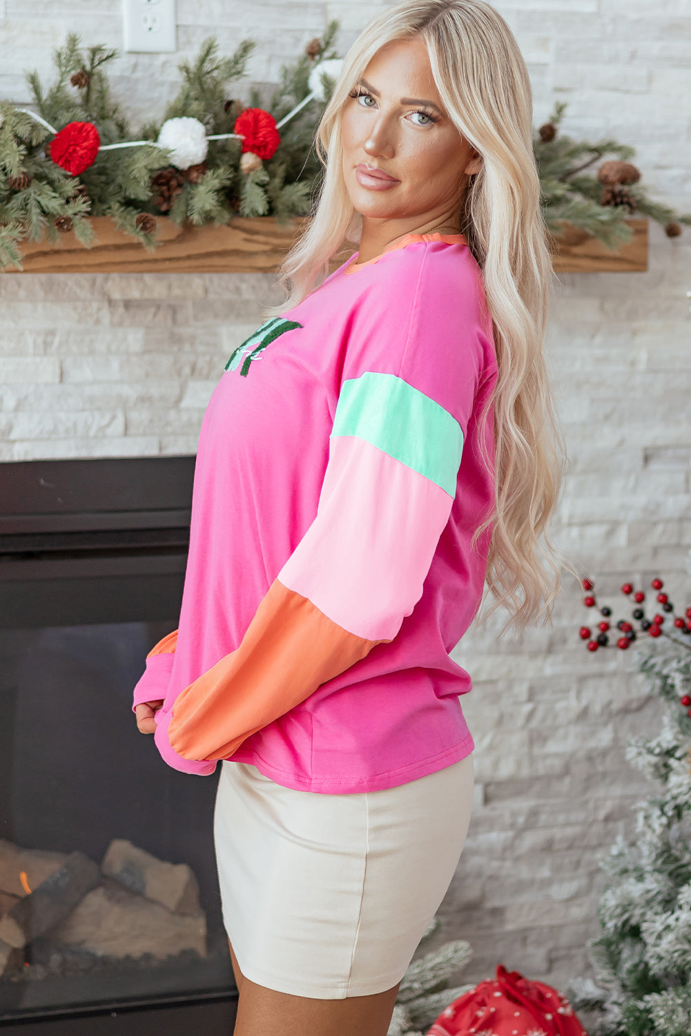 Blue Zone Planet | Rose Red Chenille MERRY Christmas Patched Colorblock Long Sleeve Top-Graphic/Graphic Long Sleeve Tees-[Adult]-[Female]-2022 Online Blue Zone Planet