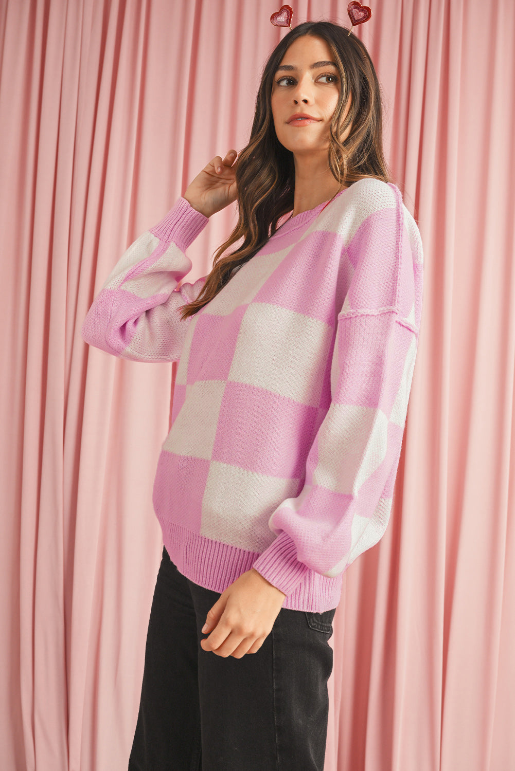 Blue Zone Planet | Pink Checked Bishop Sleeve Pullover Sweater-Sweaters-[Adult]-[Female]-2022 Online Blue Zone Planet