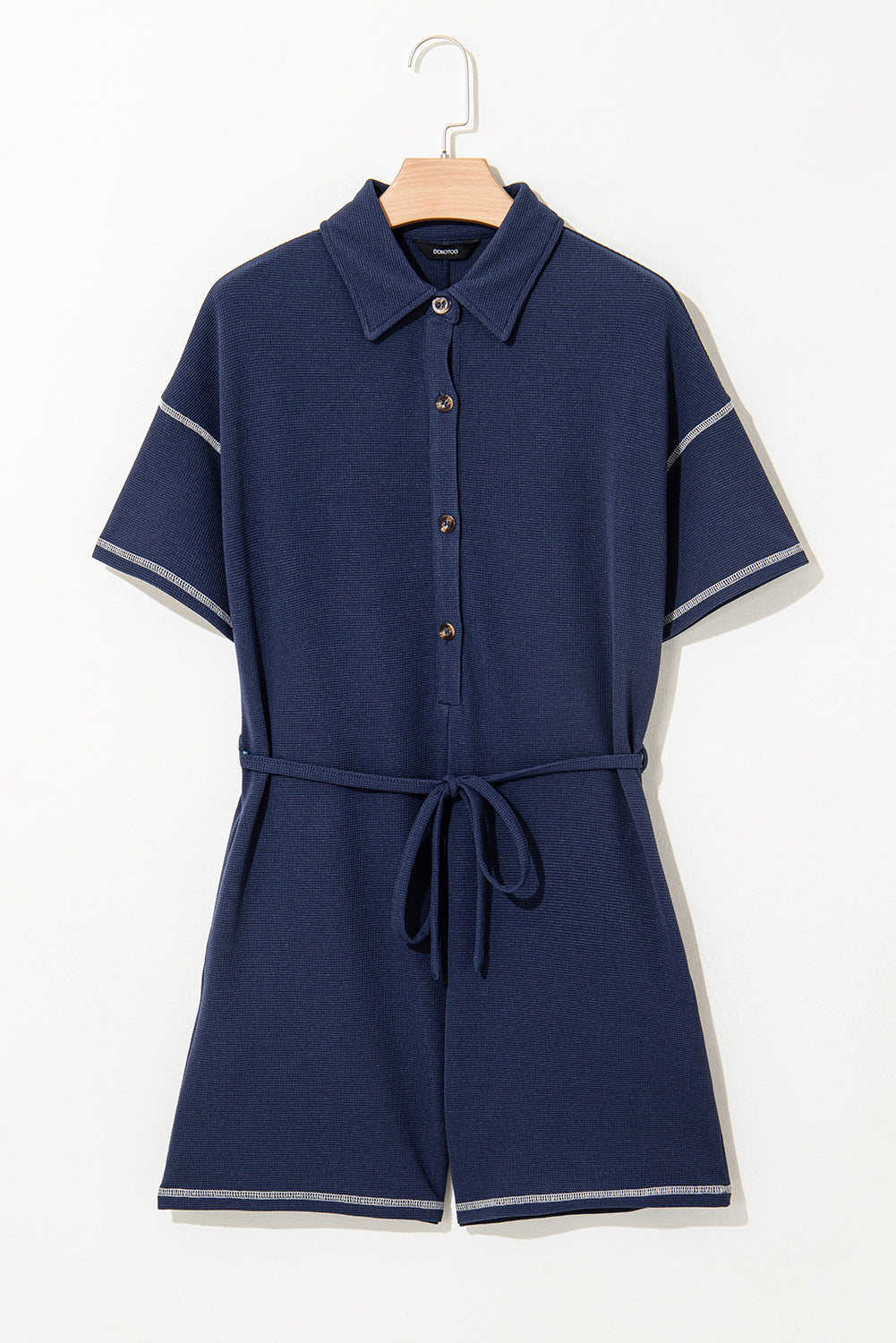 Navy Blue Stitched Detail Drop Shoulder Waffle Knit Romper-Bottoms/Jumpsuits & Rompers-[Adult]-[Female]-2022 Online Blue Zone Planet
