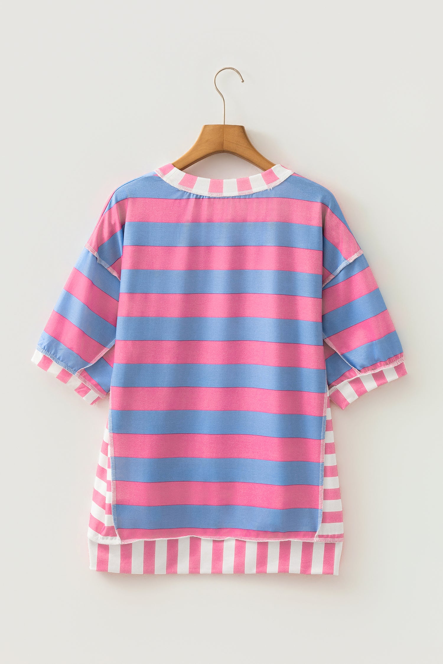Pink Stripe Exposed Seam Contrast Patchwork Oversized Top-Tops/Tops & Tees-[Adult]-[Female]-2022 Online Blue Zone Planet