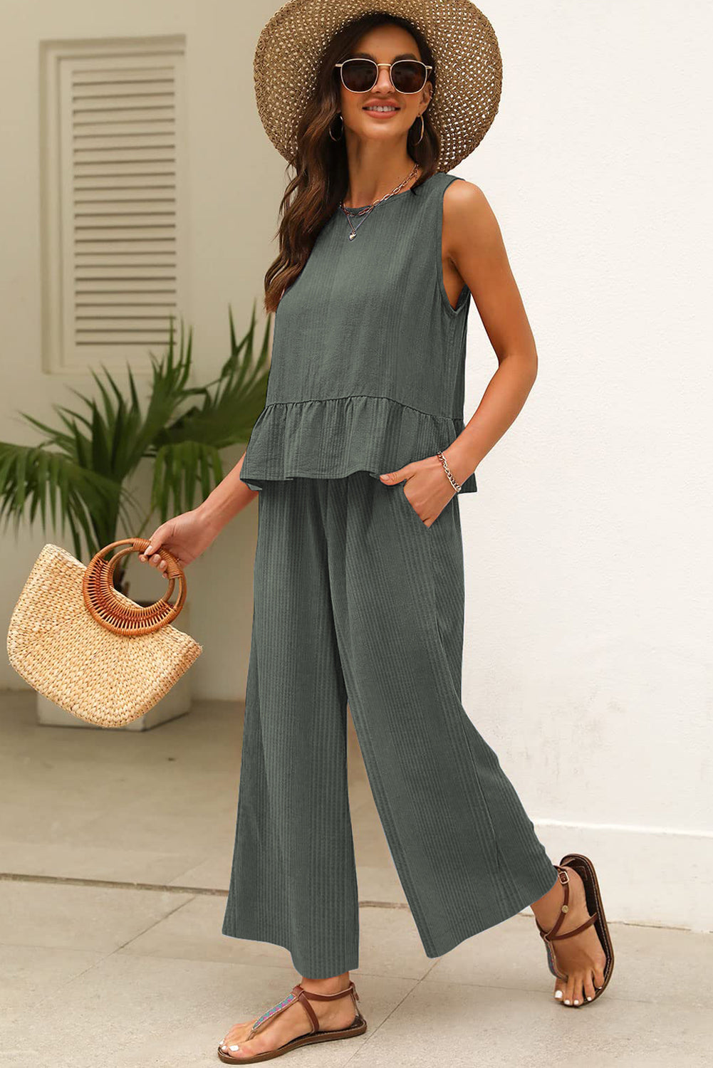 Duffel Green Solid Color Ribbed Ruffle Tank Top and Pants Set-Two Piece Sets/Pant Sets-[Adult]-[Female]-2022 Online Blue Zone Planet