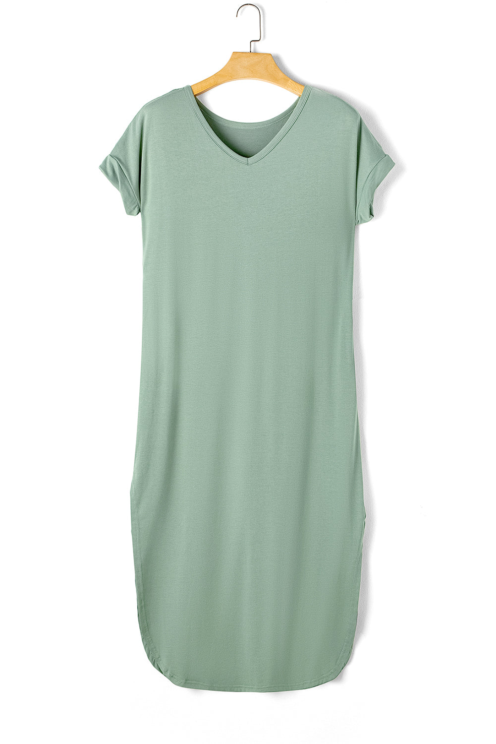 Blue Zone Planet |  Grass Green V Neck Hidden Pocket Splits Maxi T-shirt Dress Blue Zone Planet