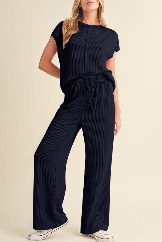 Navy Blue Solid Color Corded Short Sleeve Top and Casual Pants Set-Two Piece Sets/Pant Sets-[Adult]-[Female]-Navy Blue-S-2022 Online Blue Zone Planet