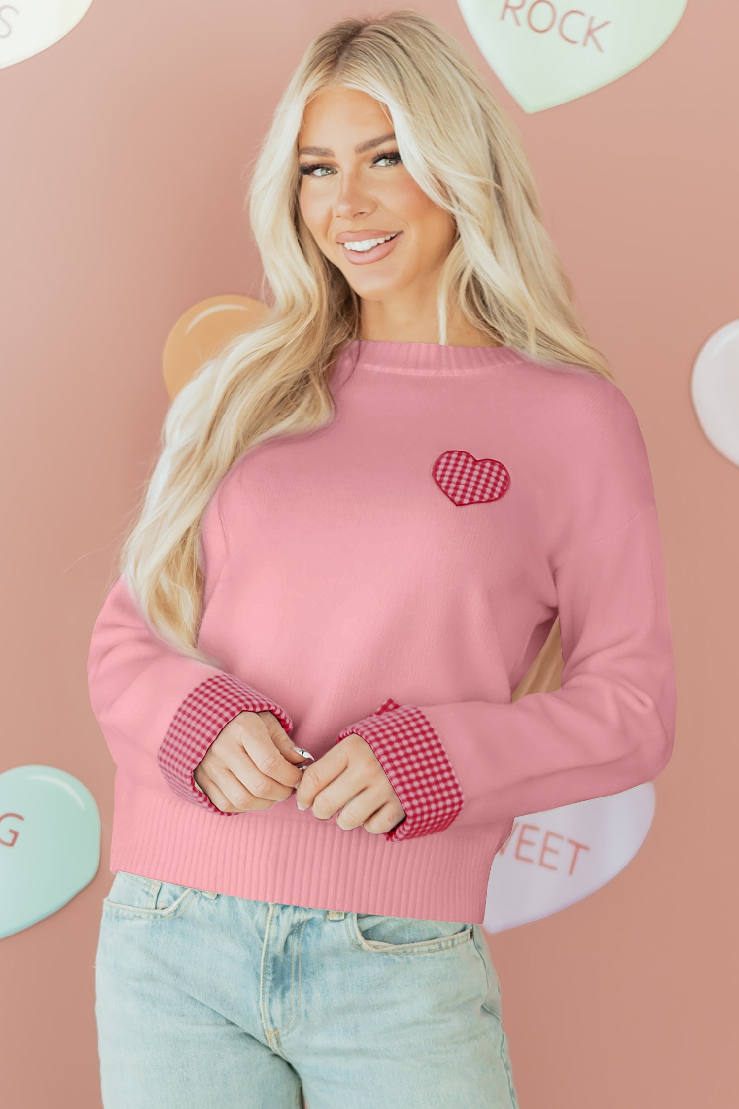 Light Pink Plaid Heart Embroidered Cuffed Drop Shoulder Crew Neck Sweater-Sweaters & Cardigans/Sweaters-[Adult]-[Female]-Light Pink-S-2022 Online Blue Zone Planet