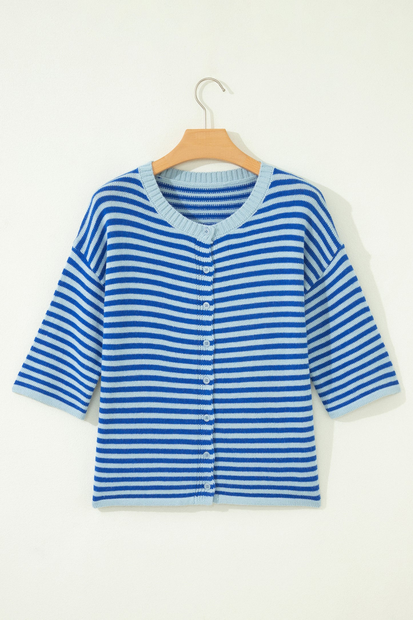 Blue Stripe Loose Half Sleeve Knit Button Down Sweater Cardigan-Sweaters & Cardigans/Cardigans-[Adult]-[Female]-2022 Online Blue Zone Planet
