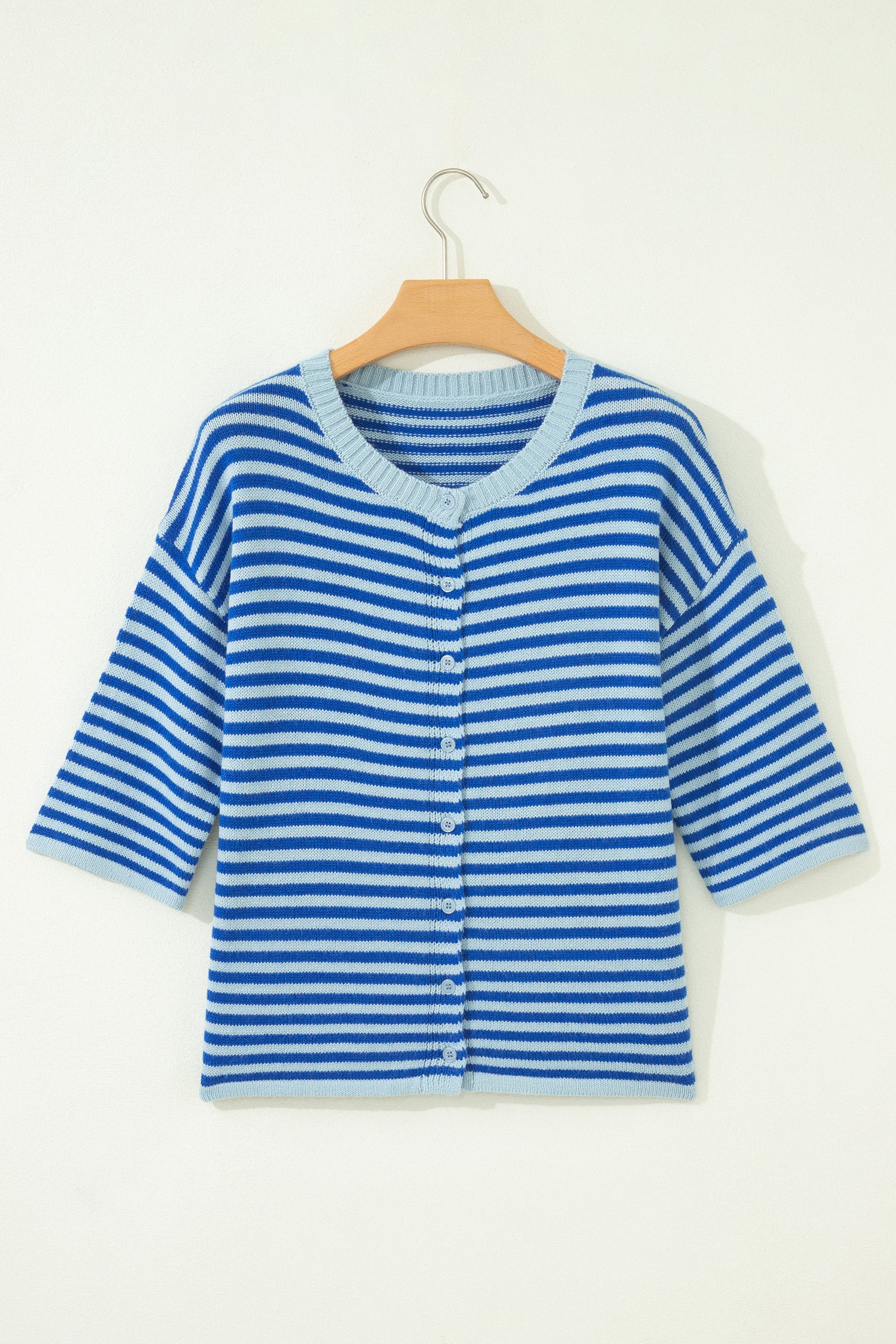 Blue Stripe Loose Half Sleeve Knit Button Down Sweater Cardigan-Sweaters & Cardigans/Cardigans-[Adult]-[Female]-2022 Online Blue Zone Planet